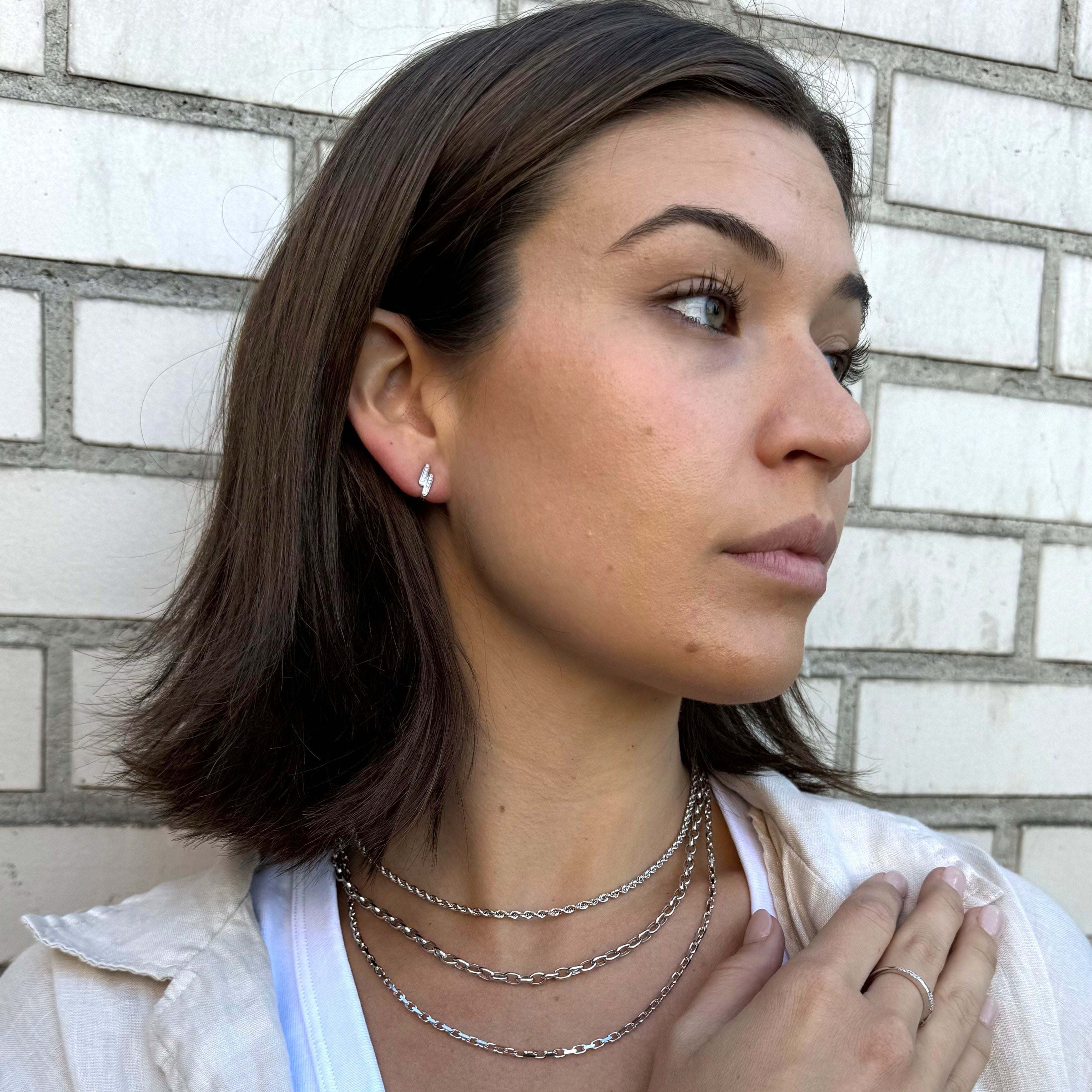 Diamond Double J-Hoop Huggie Earrings In 14K White Gold