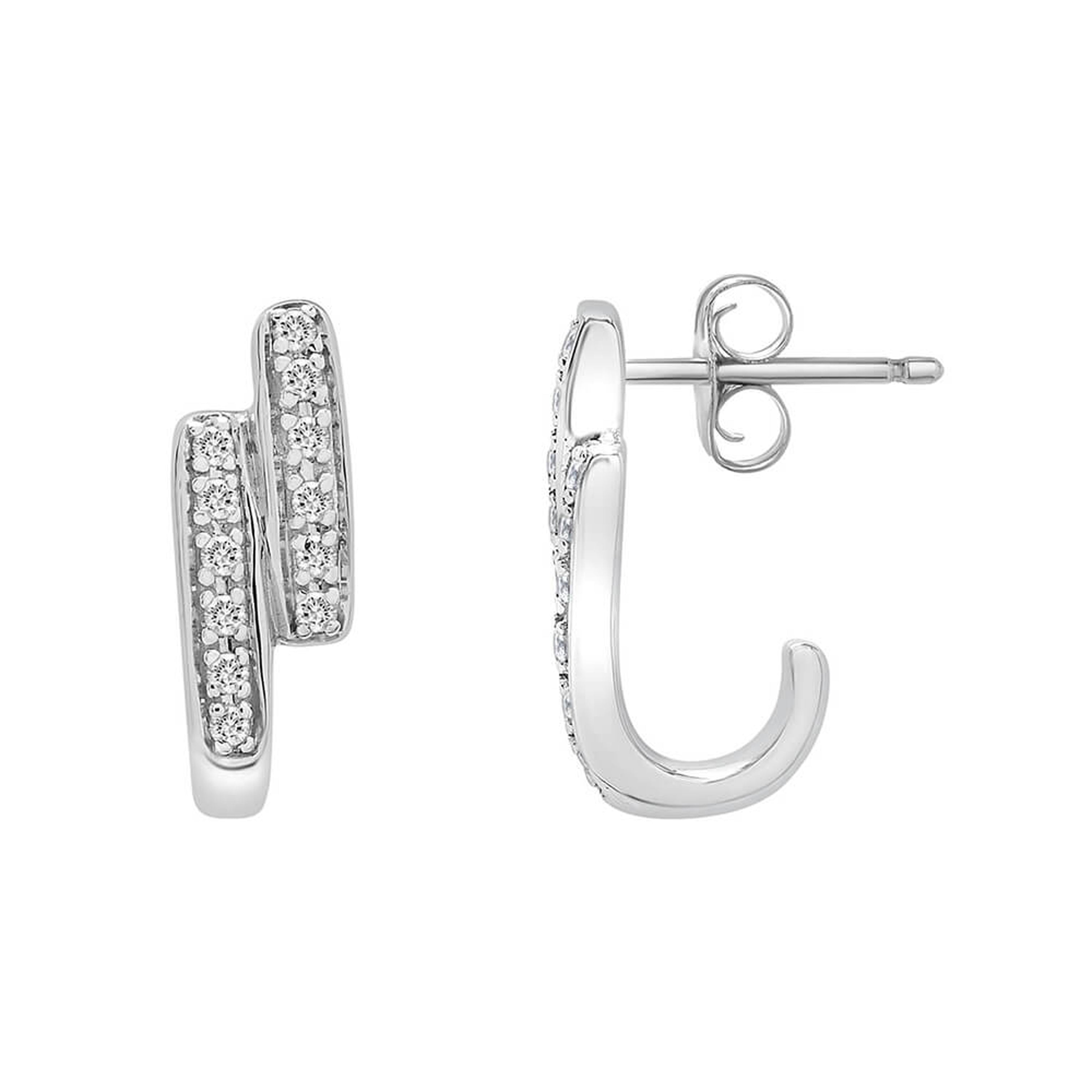 14K White Gold Diamond Double J-Hoop Huggie Earrings