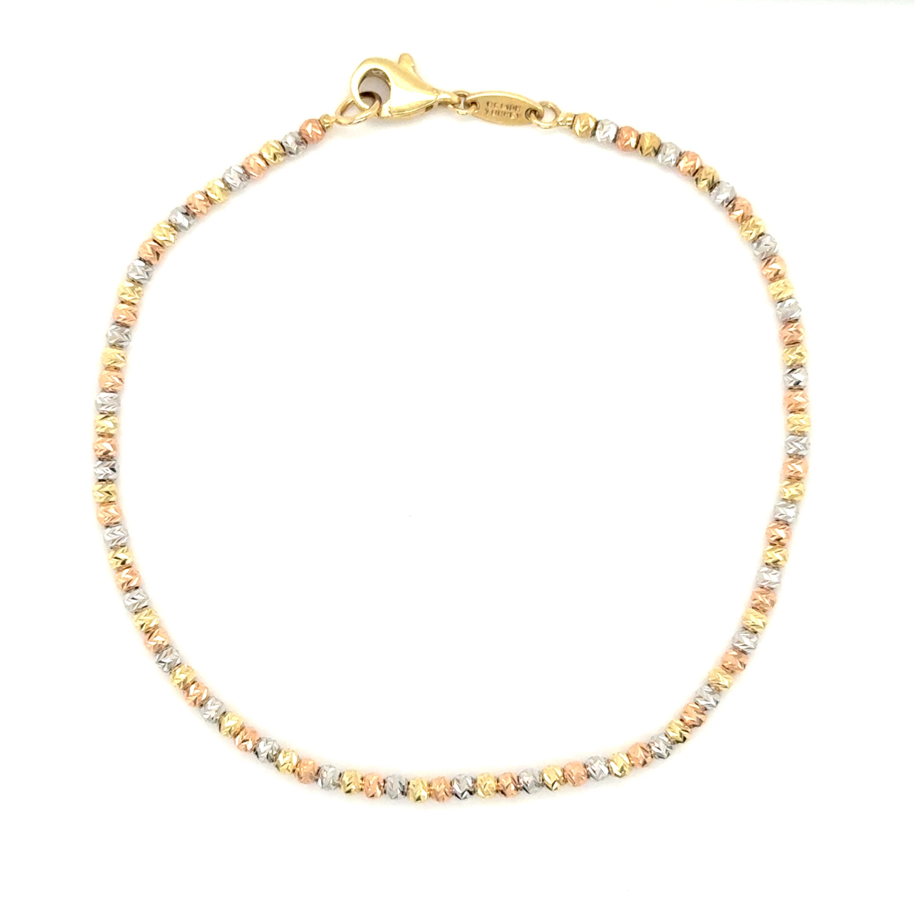 10K Tricolor Gold Dainty Diamond Cut Bead Bracelet, 7", 2mm thick, large lobster clasp