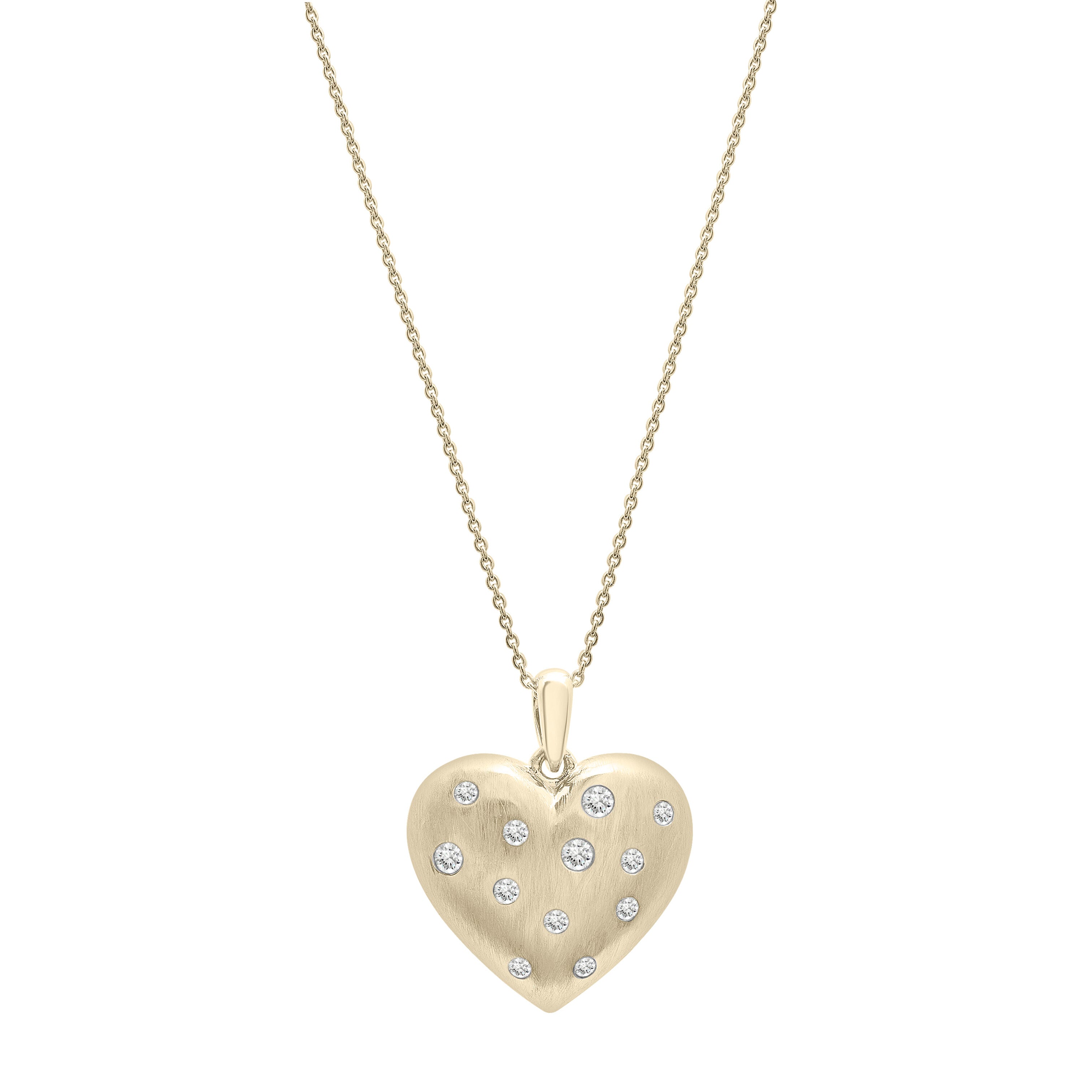 14K Gold Scattered Diamond Puffed Heart Pendant Necklace