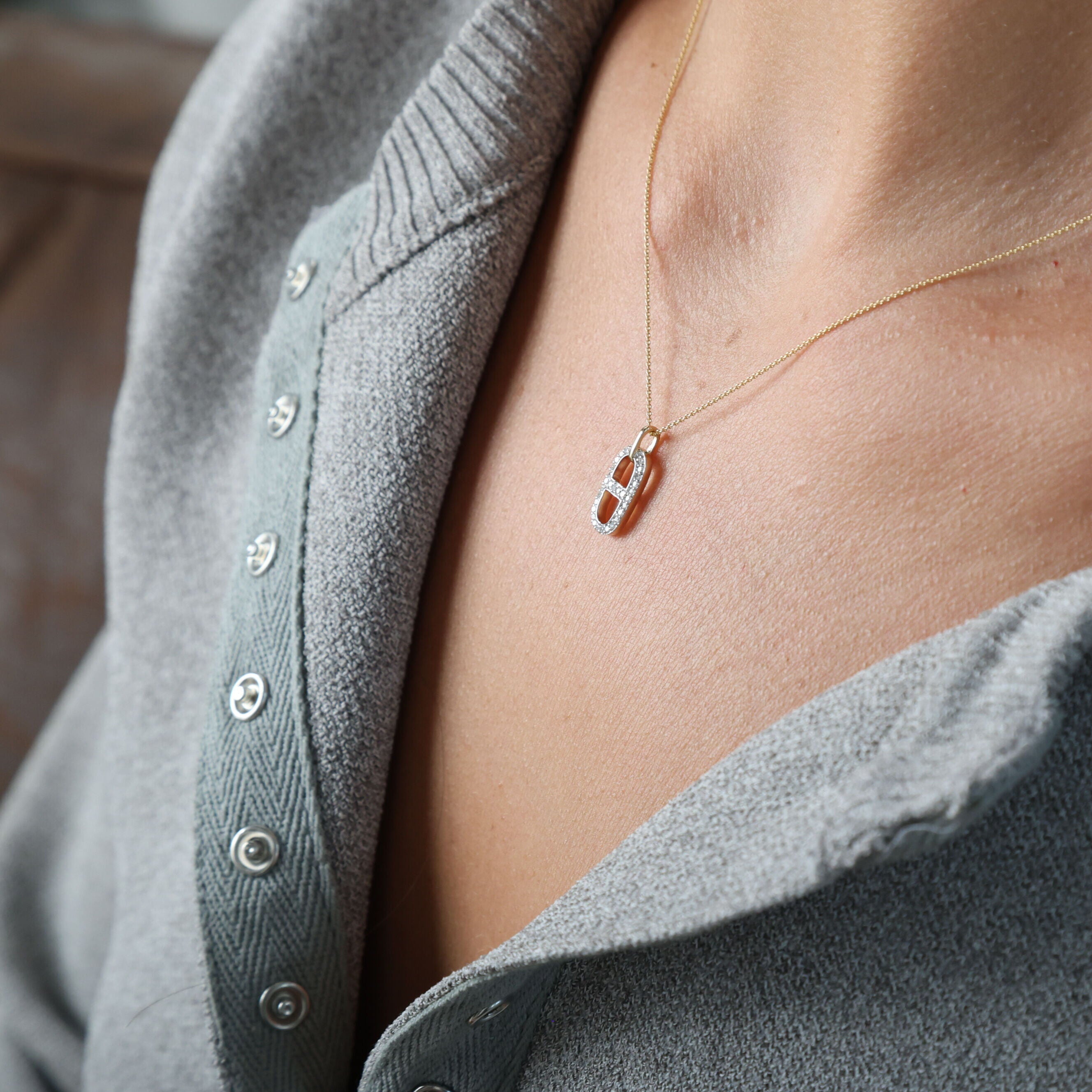 14K Gold Diamond Anchor Link Pendant Necklace