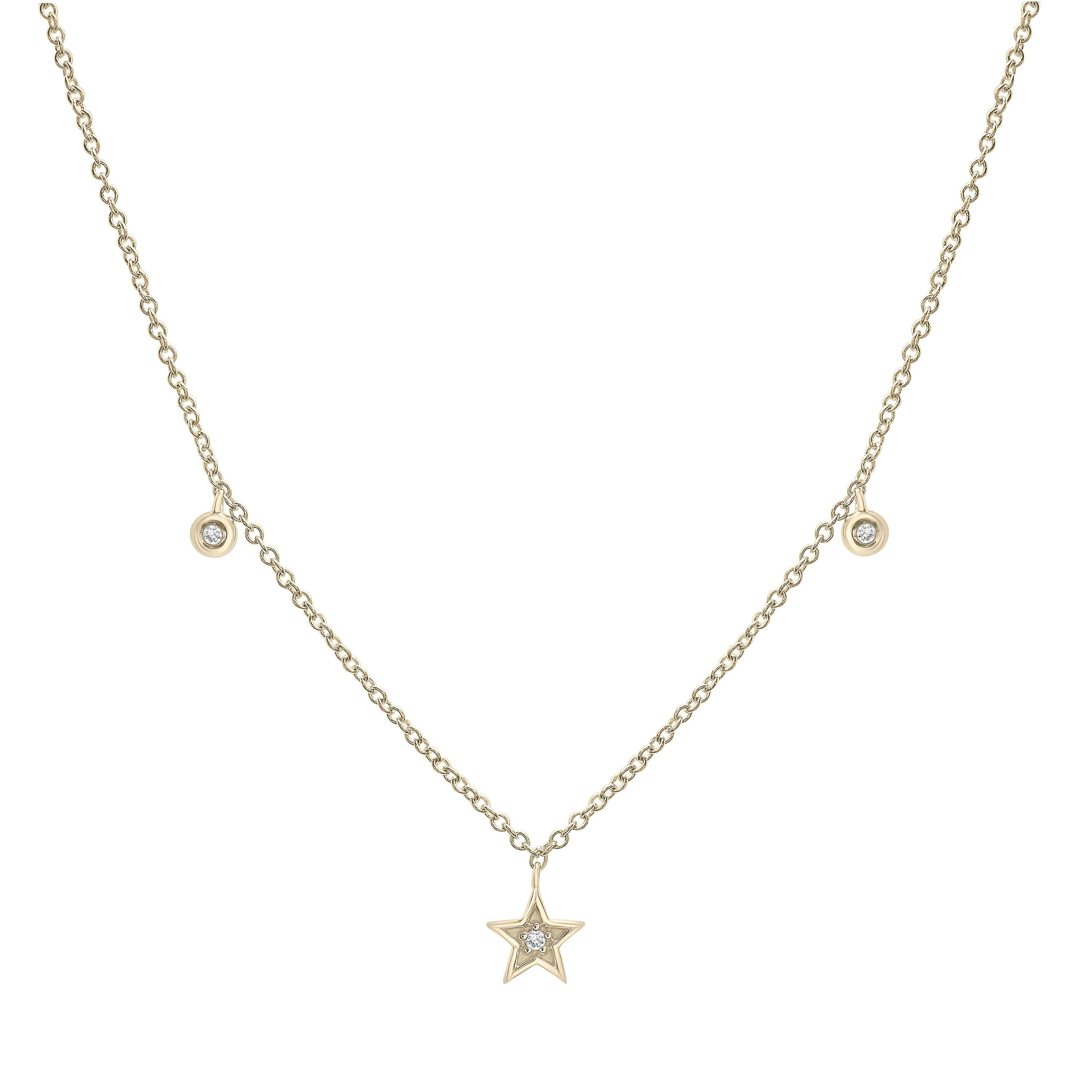 14K Gold Diamond Star Station Necklace with Bezel Diamonds