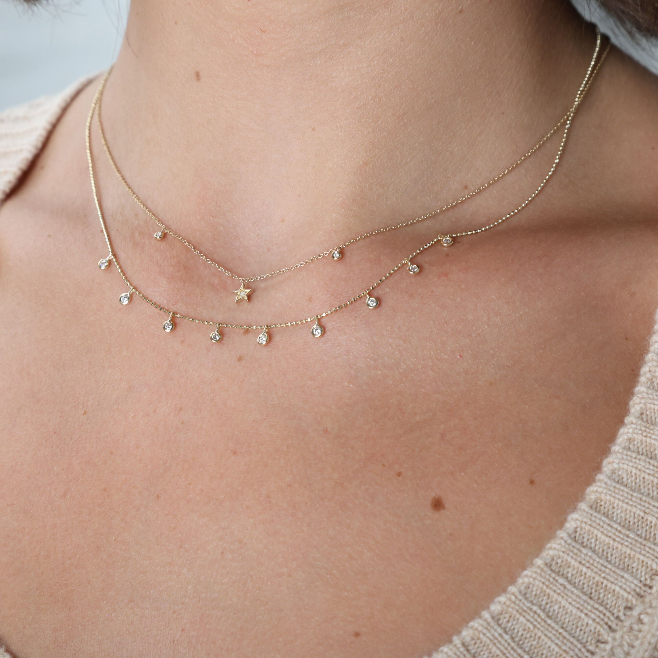 14K Gold Diamond Star Station Necklace with Bezel Diamonds