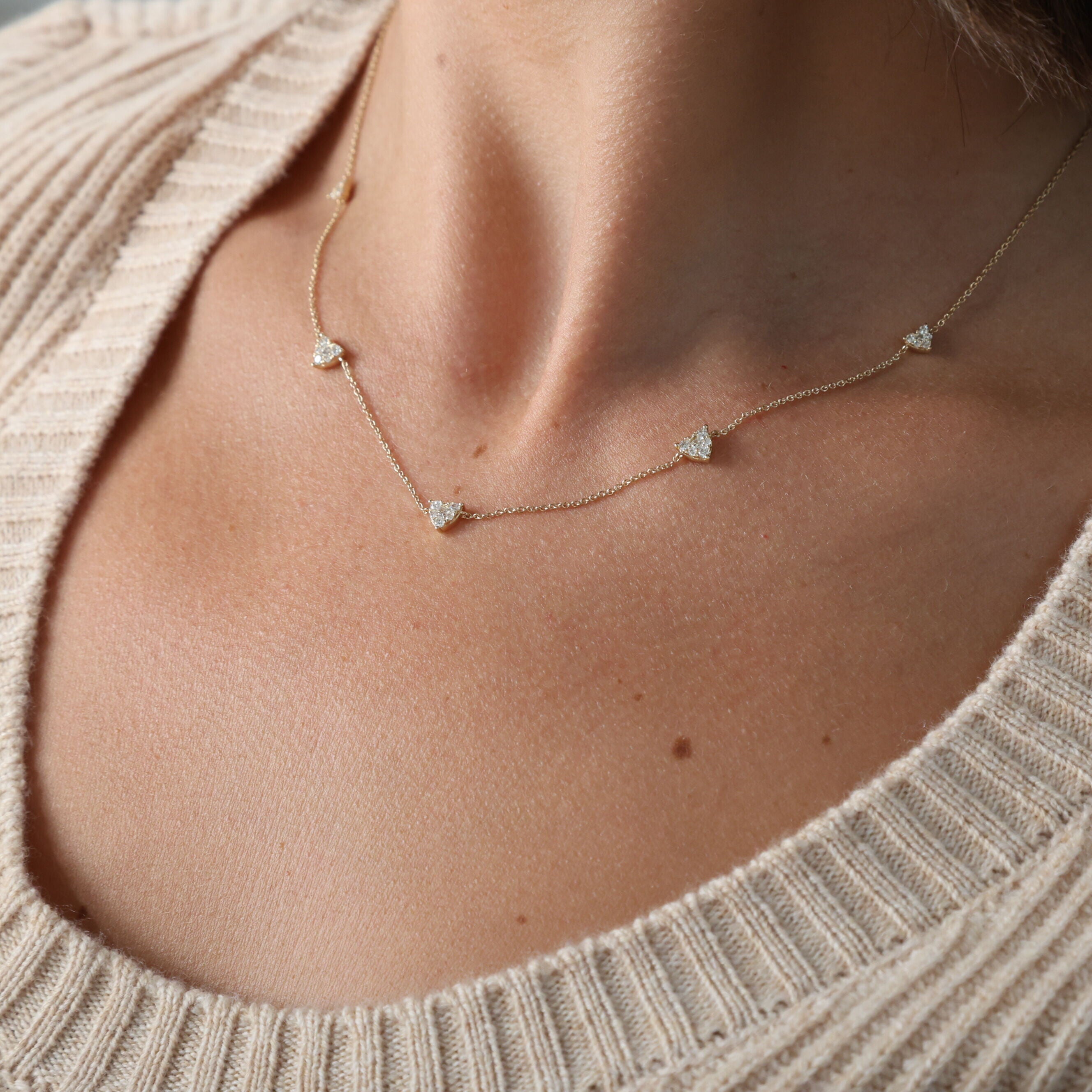 14K Gold Graduated Diamond Heart Station Necklace