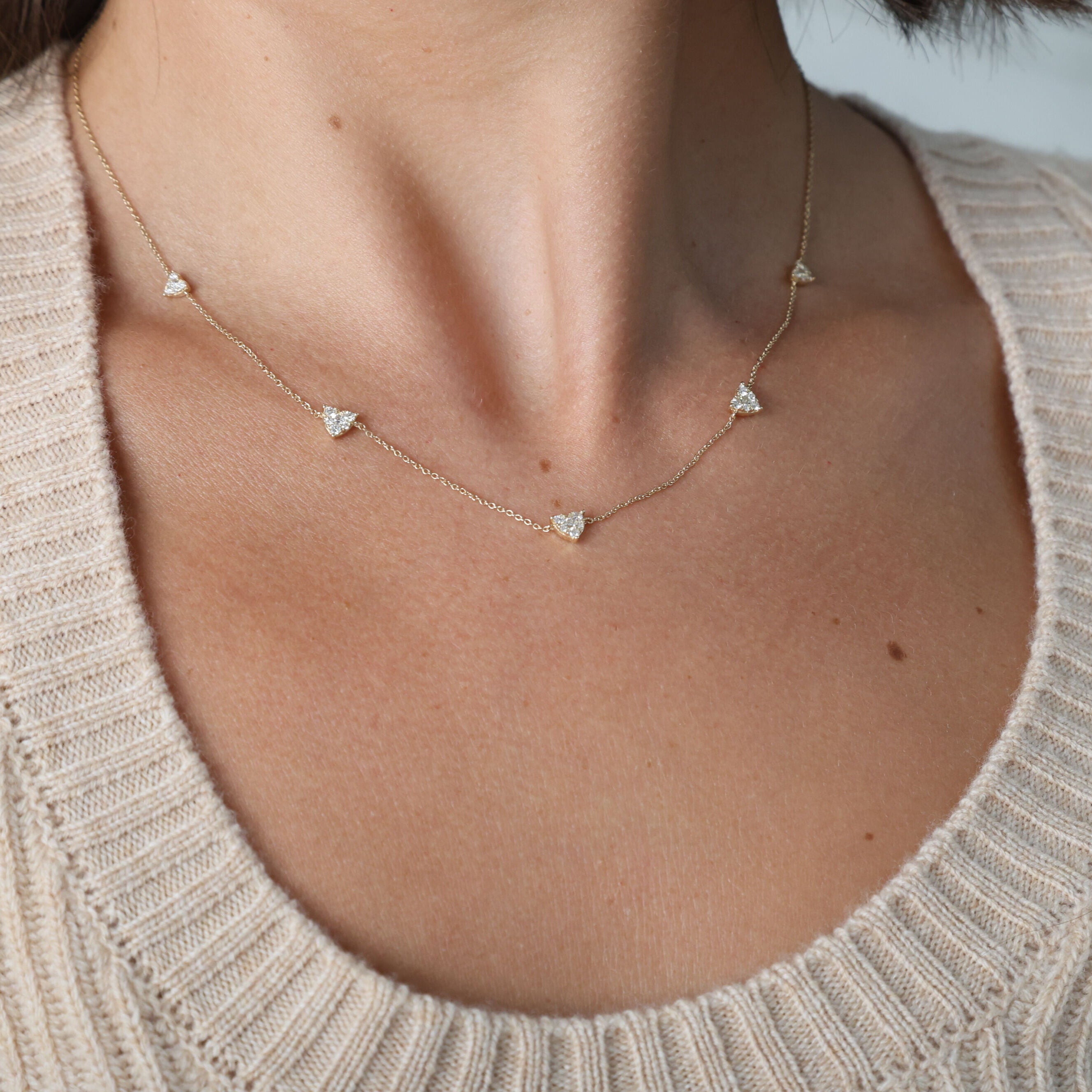 14K Gold Graduated Diamond Heart Station Necklace