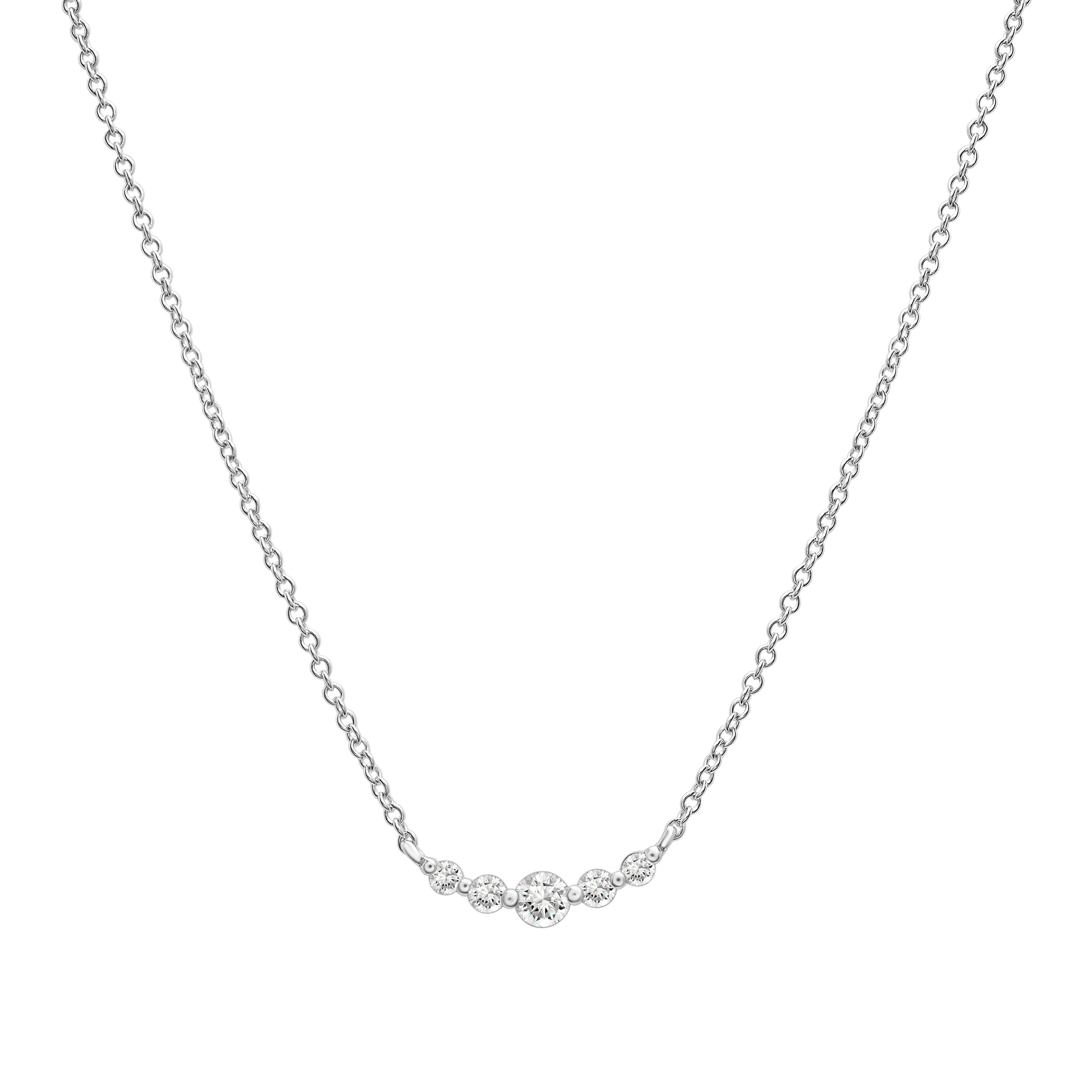14K White Gold Graduated Five Stone Diamond Necklace, 17 Inch, Real Gold, Natural Diamonds