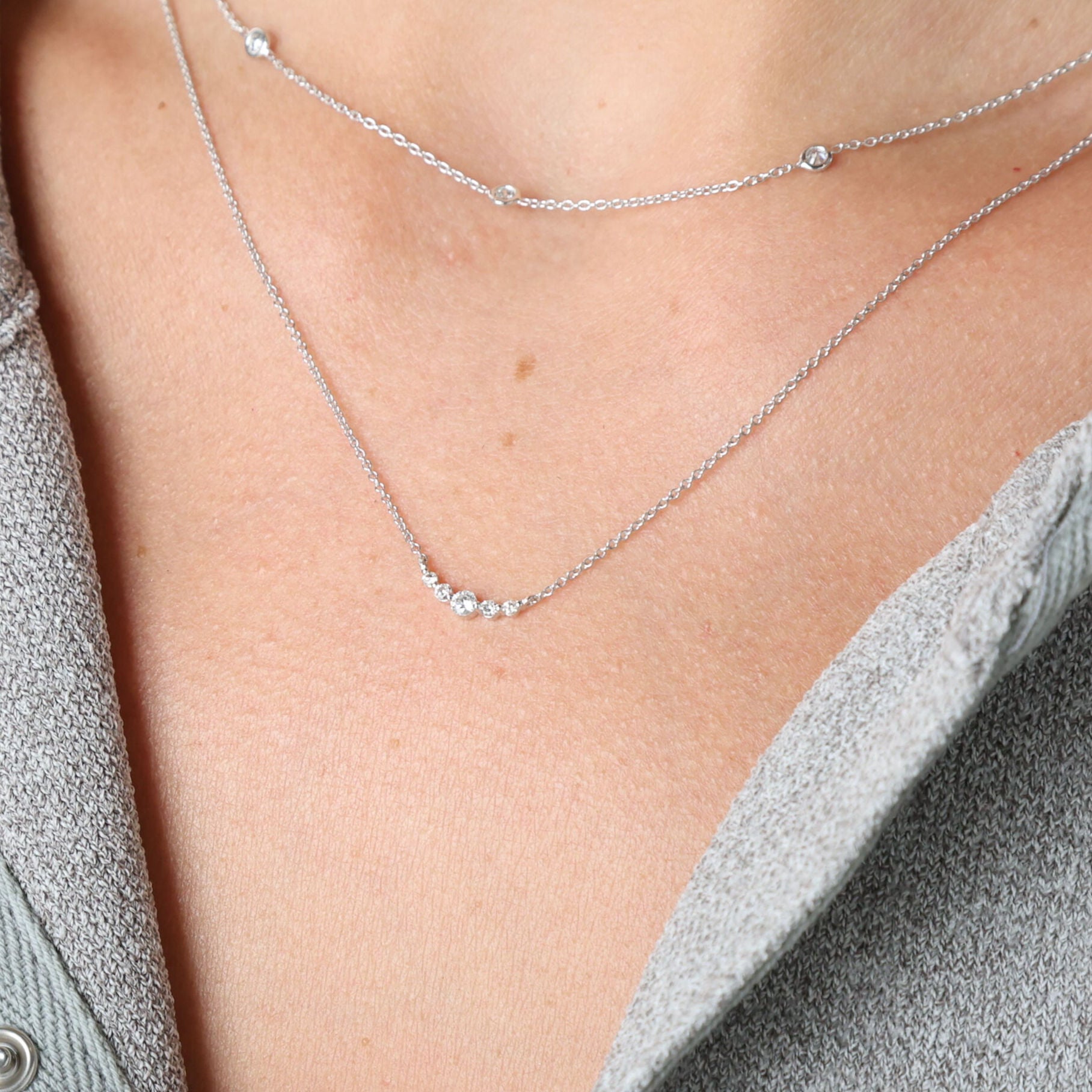 14K White Gold Graduated Five Stone Diamond Necklace