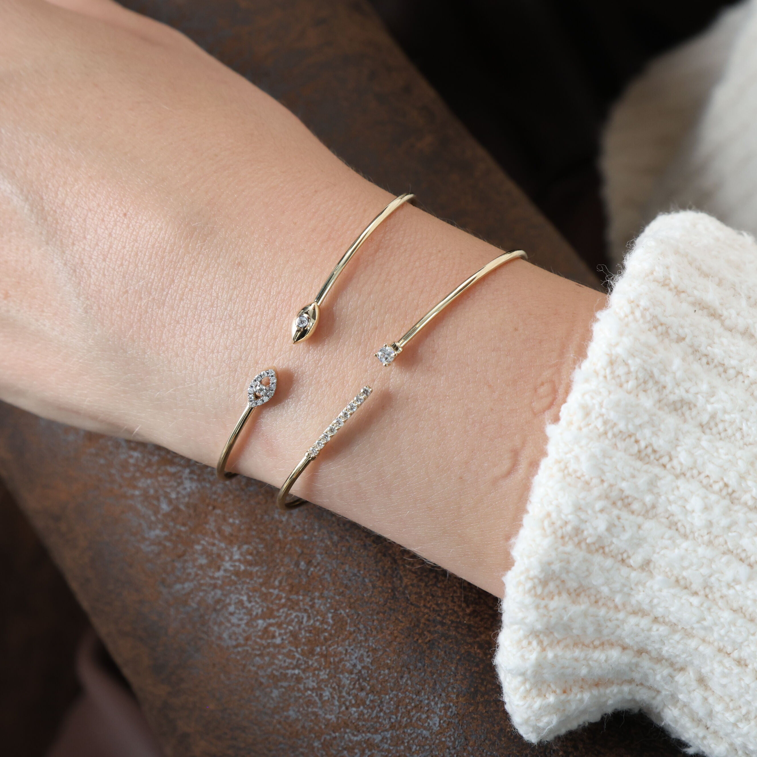 14K Gold Diamond Bar Open Cuff Bangle Bracelet