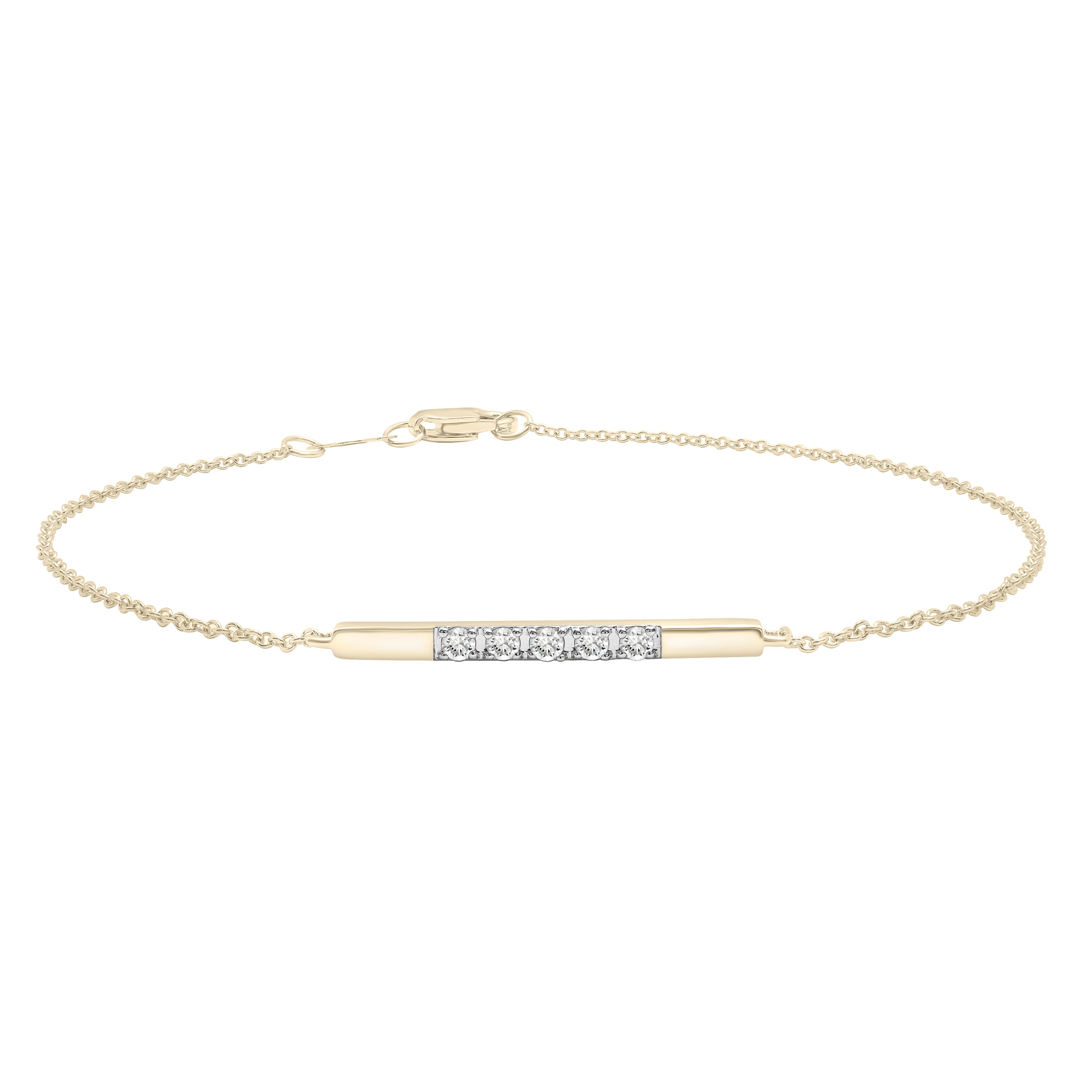 14K Gold Dainty Diamond Bar Chain Bracelet, 7 Inch