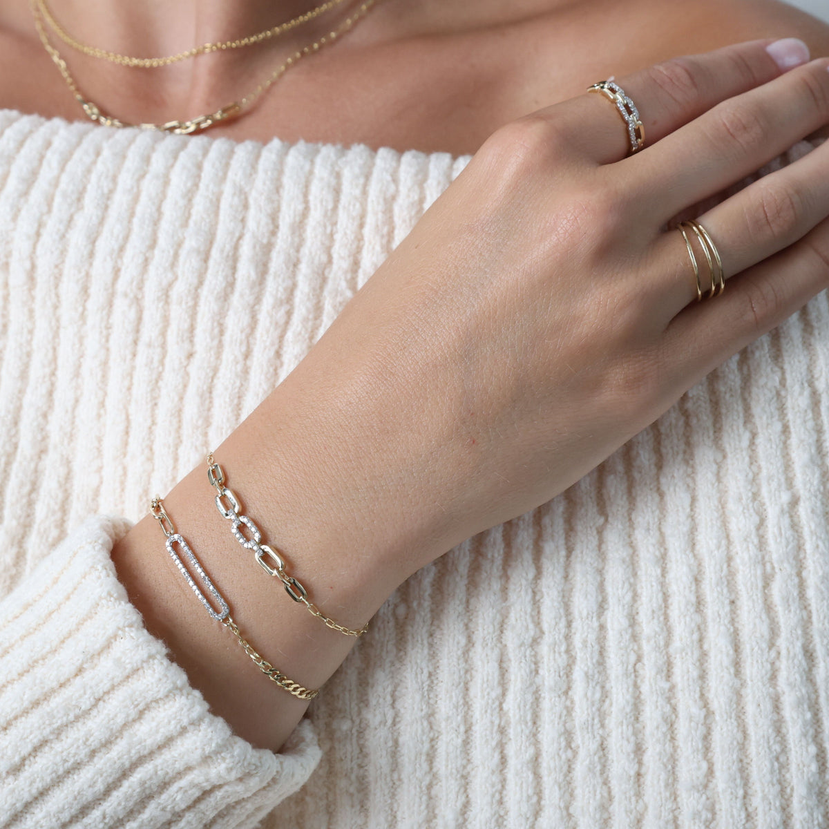 14K Gold Diamond Mixed Link Bracelet, Paperclip & Curb Links