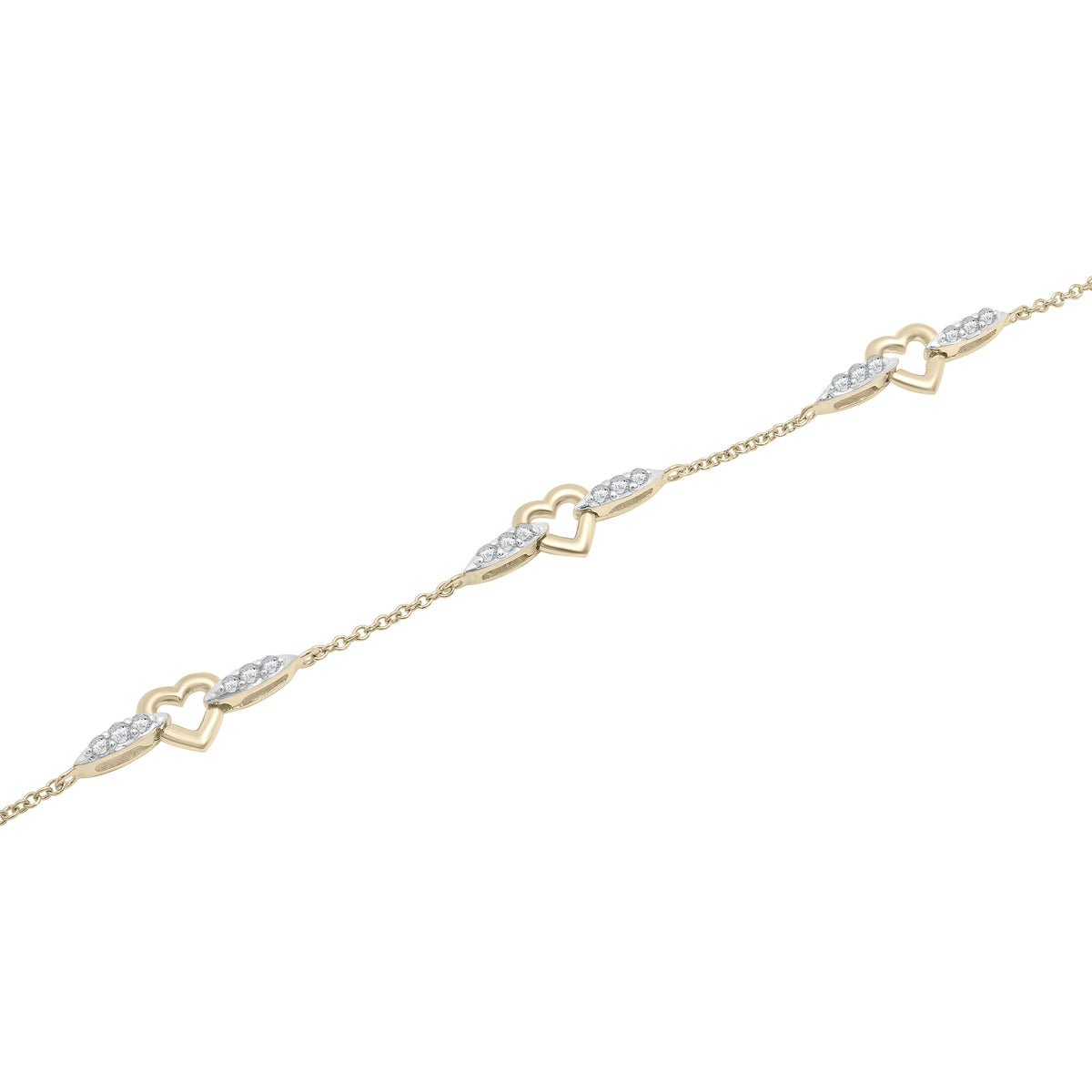 14K Gold Diamond Open Heart & Marquise Station Bracelet