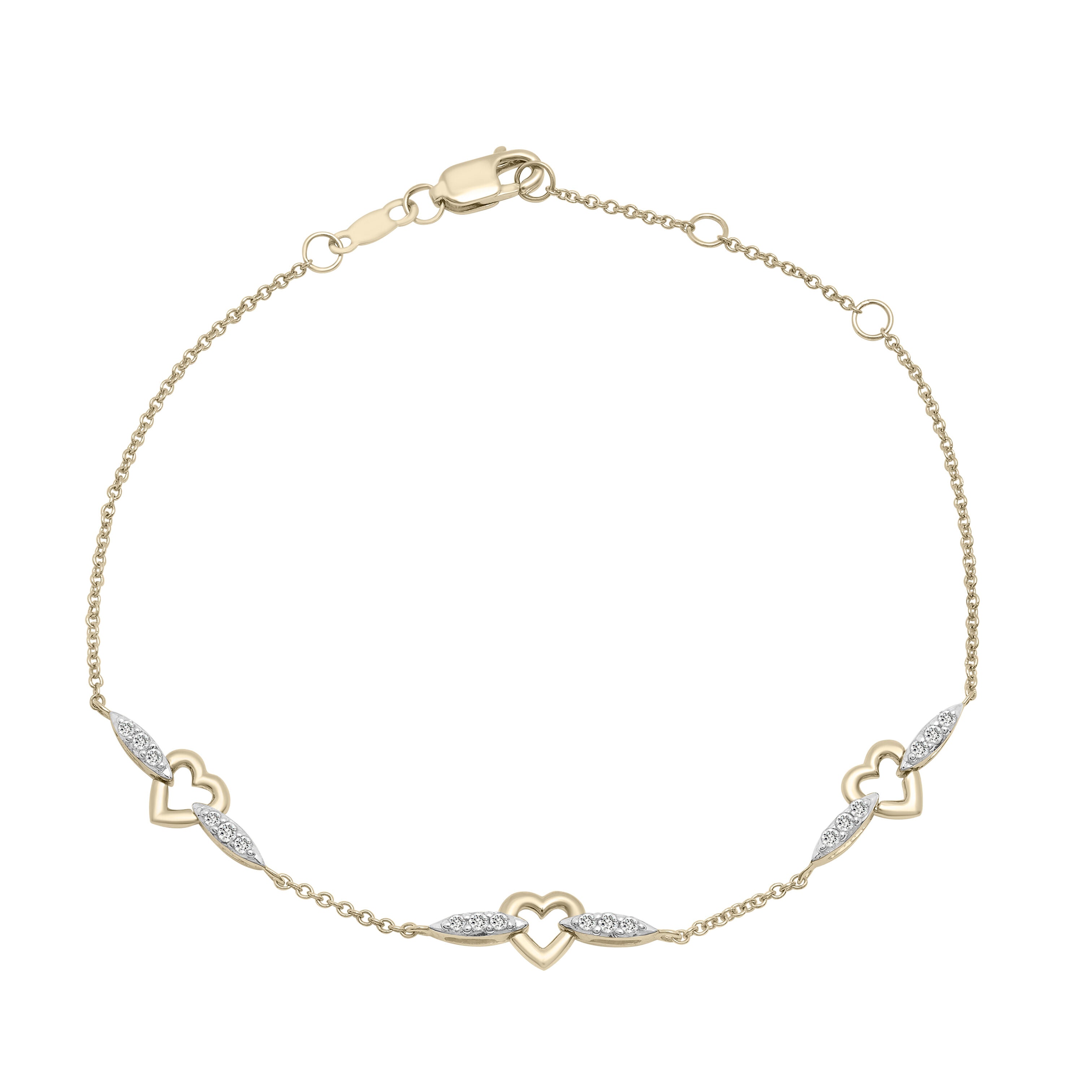 14K Gold Diamond Open Heart And Marquise Station Bracelet