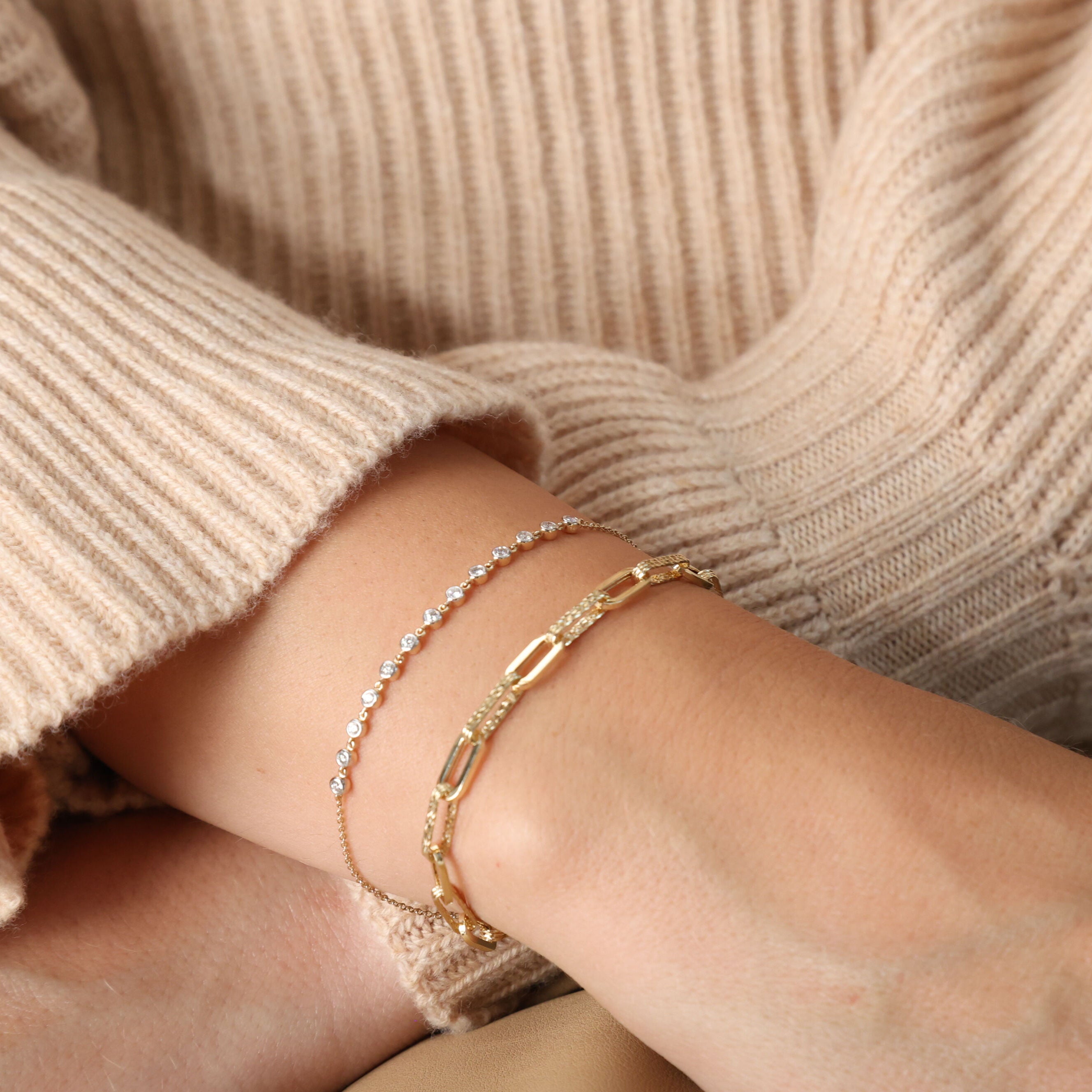 14K Solid Gold Bezel Set Diamond Chain Bracelet – Timeless, Sparkling Luxurious