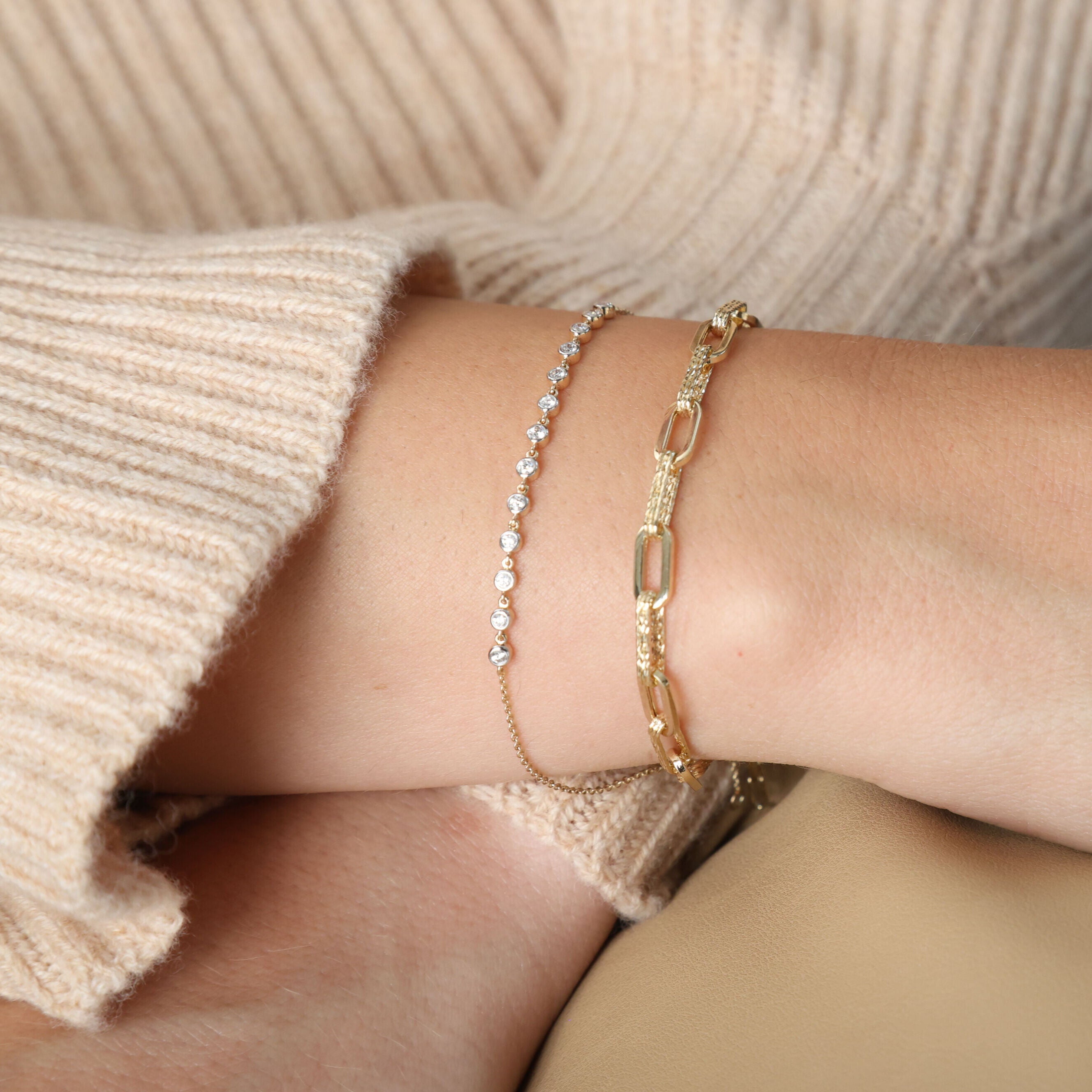 14K Yellow Gold Bezel Set Diamond Chain Bracelet