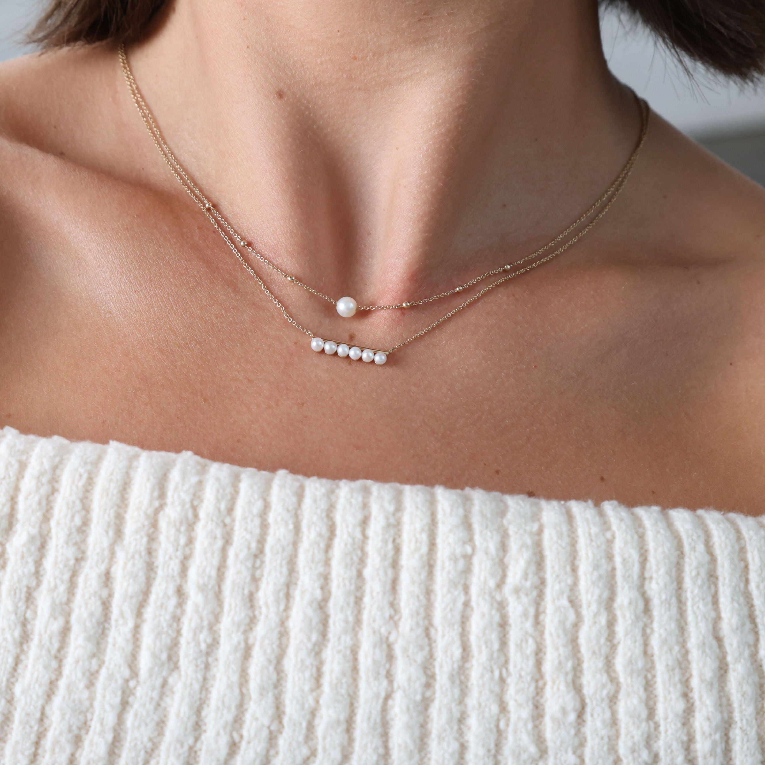 14K Yellow Gold Pearl Bar Necklace