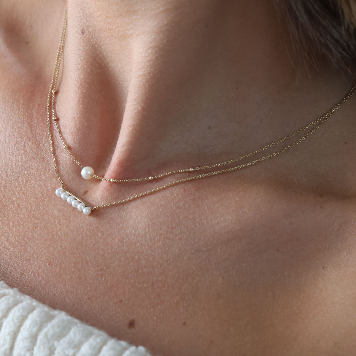 14K Yellow Gold Pearl Bar Necklace