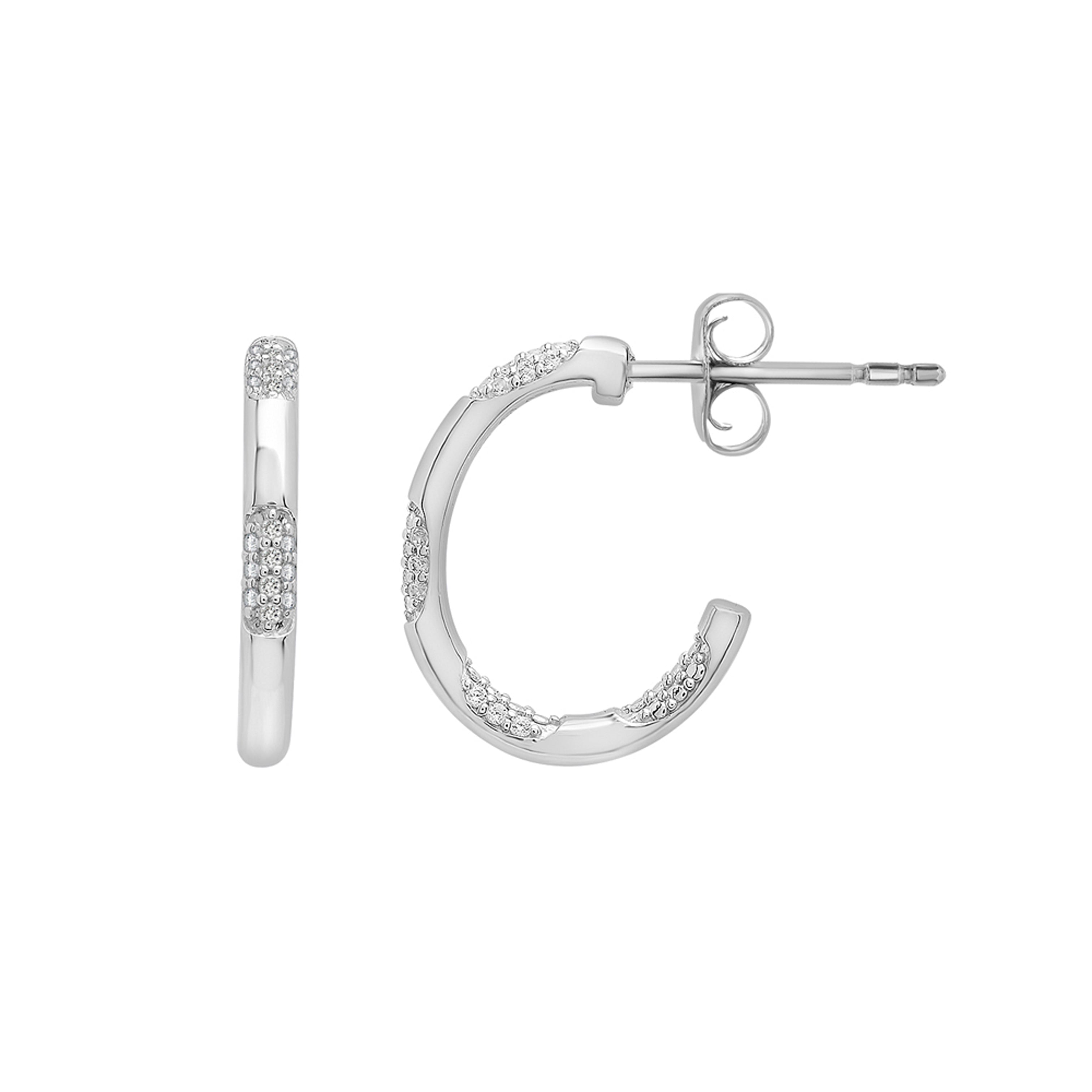 14K White Gold Mini Diamond C-Hoop Huggie Earrings