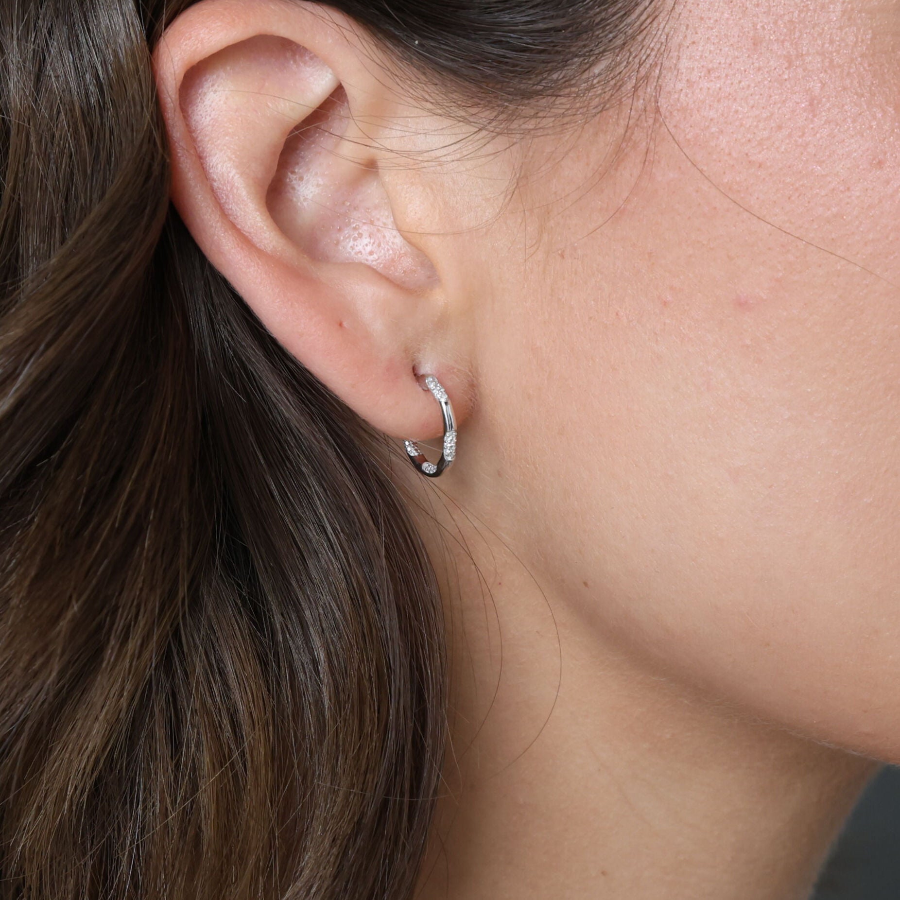 14K White Gold Mini Diamond C-Hoop Huggie Earrings