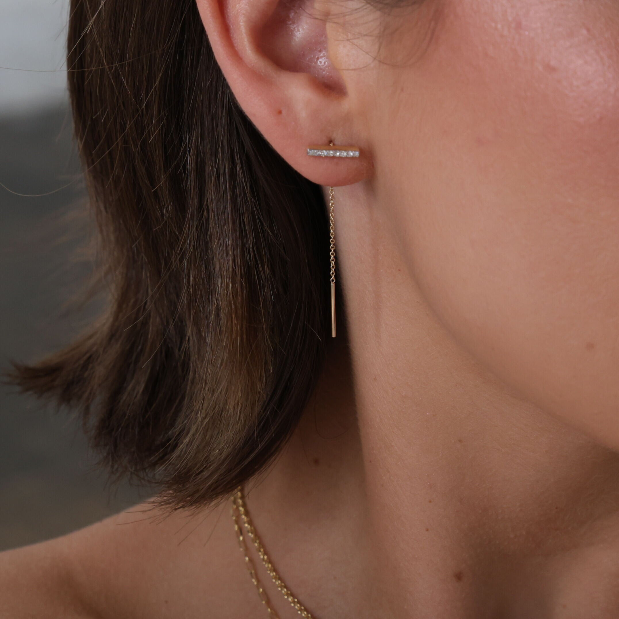 14K Gold Diamond Bar Chain Drop Earrings