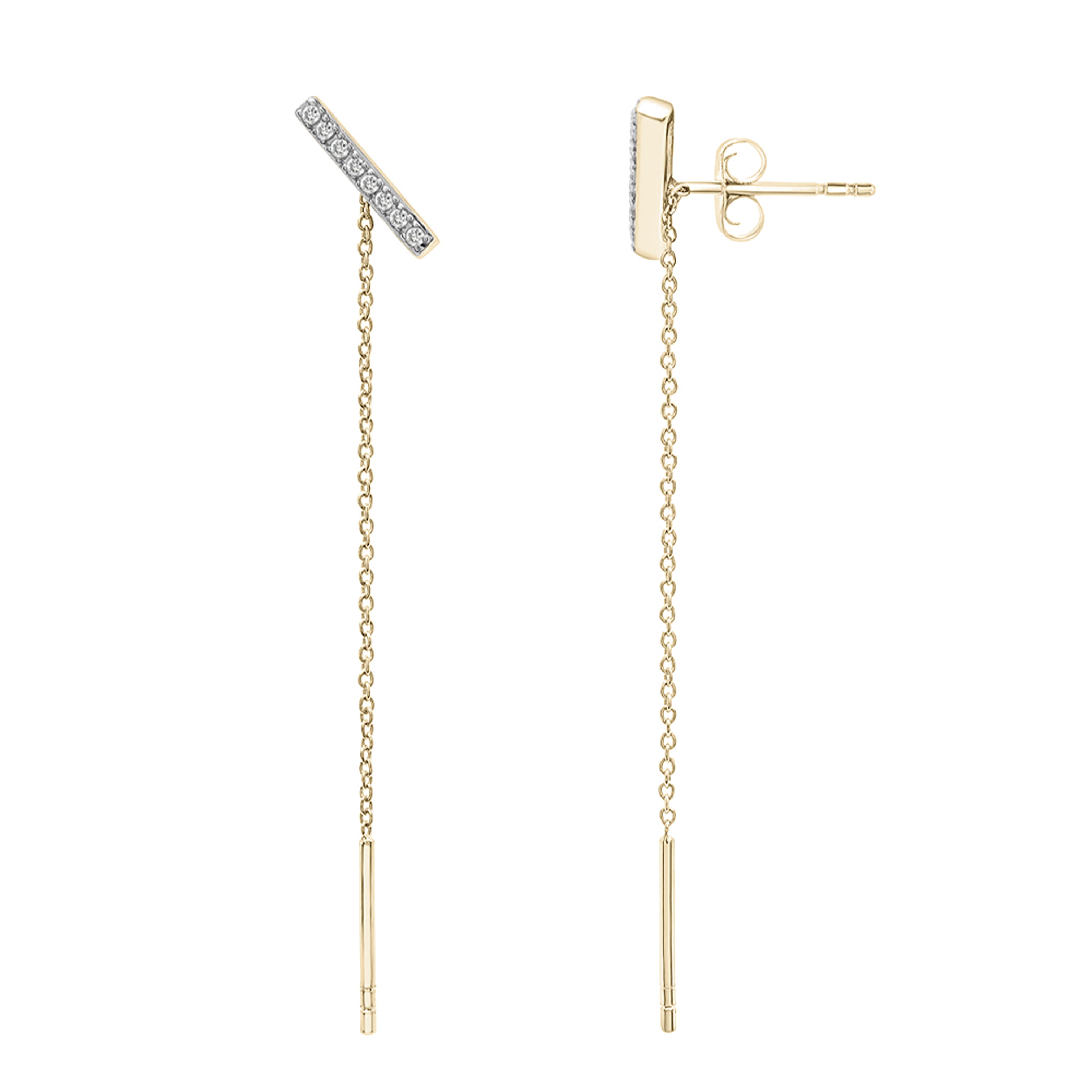 14K Gold Diamond Bar Chain Drop Earrings