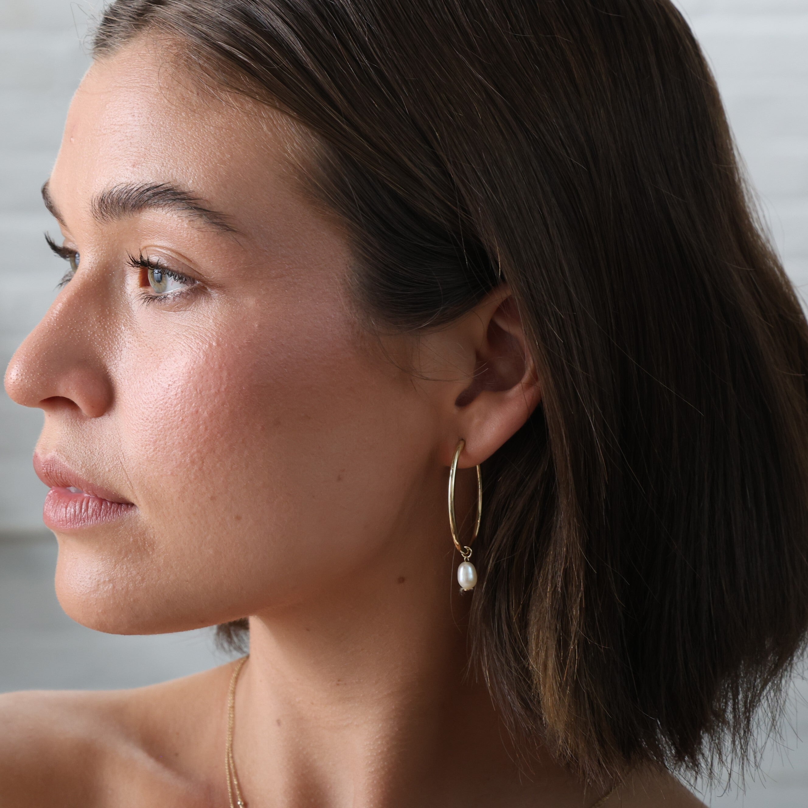14K Gold Oval Hoops With Dangling White Pearls: Endless Closure