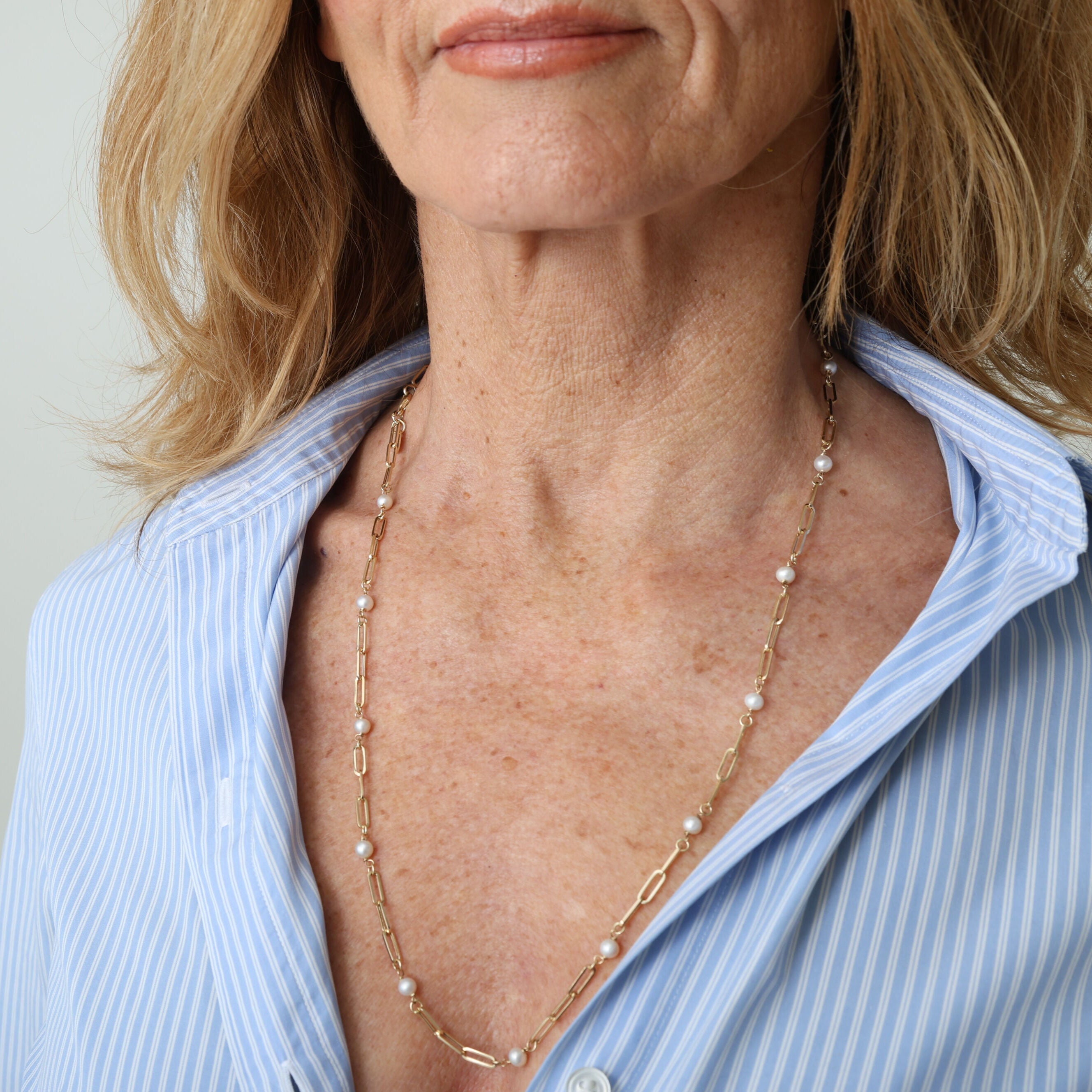 14K Gold Pearl Station Paperclip Link Necklace