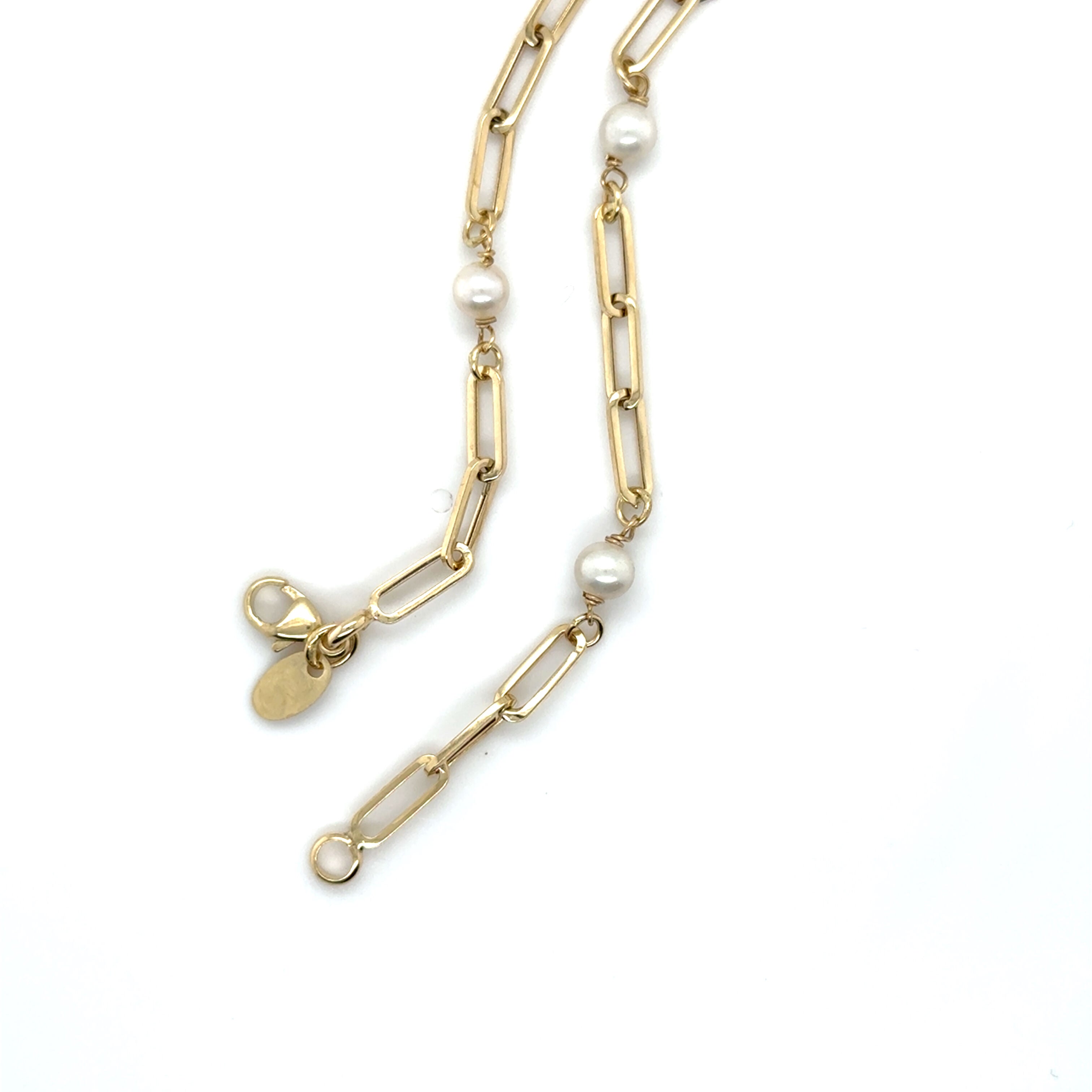 14K Gold Pearl Station Paperclip Link Necklace