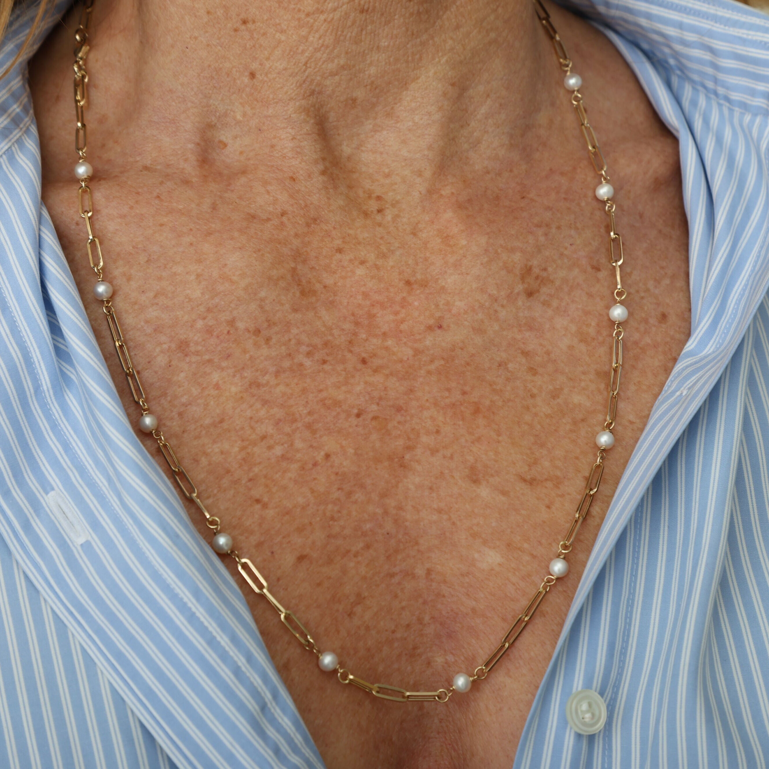 14K Gold Pearl Station Paperclip Link Necklace