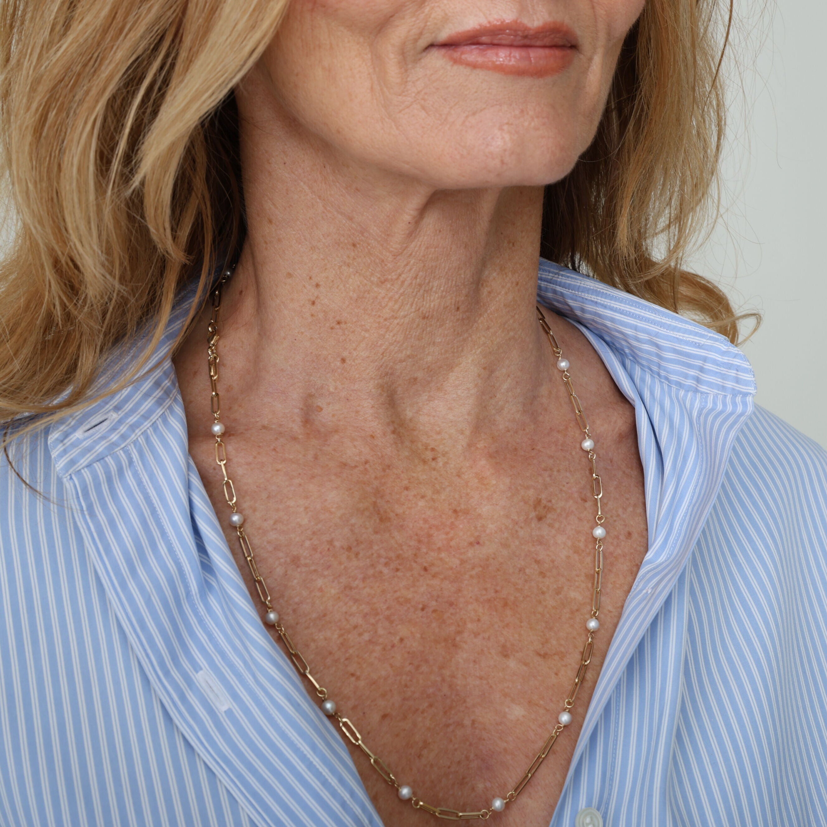 14K Gold Pearl Station Paperclip Link Necklace