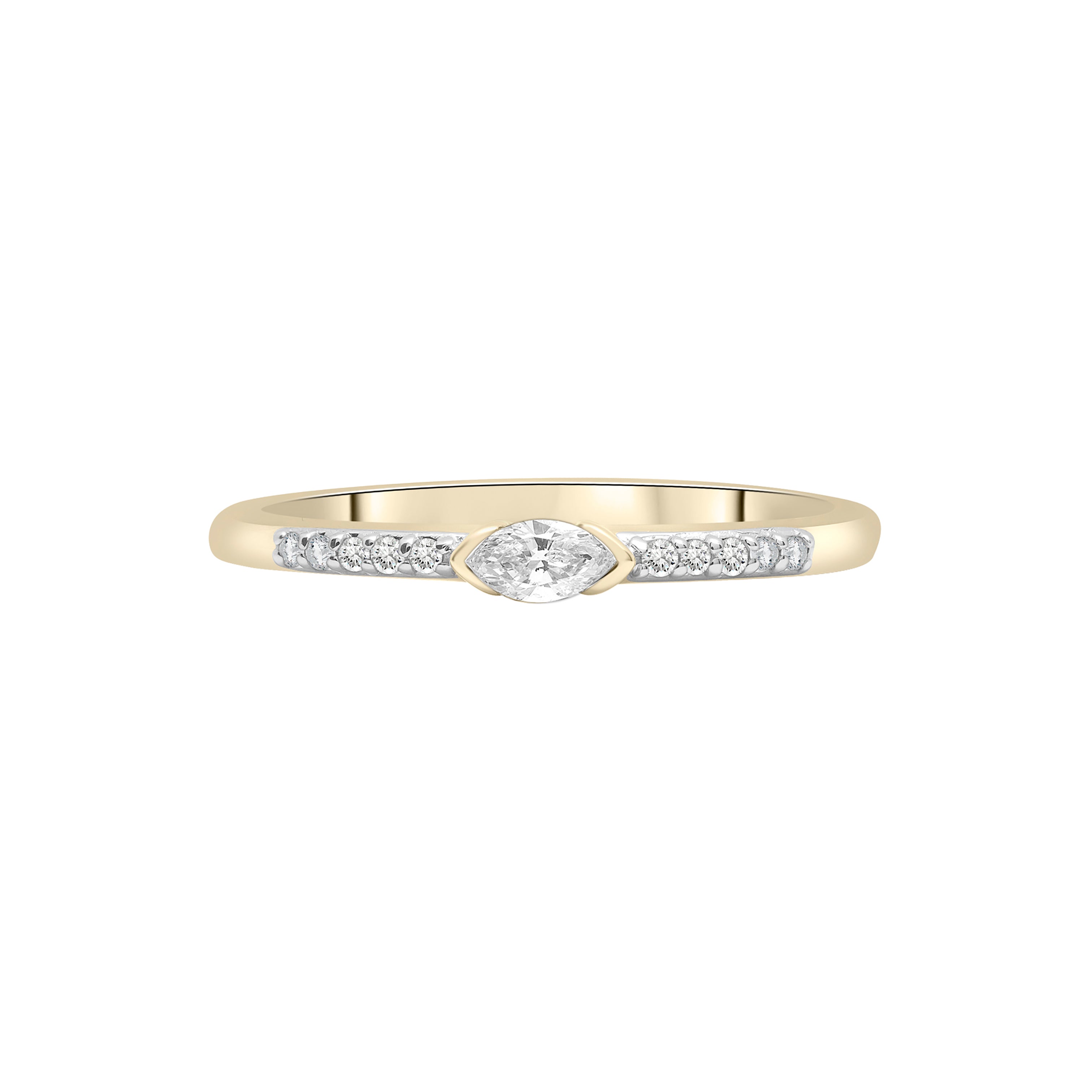 14K Gold Marquise & Round Diamond Band Ring, 1/6 carat total weight of natural diamonds