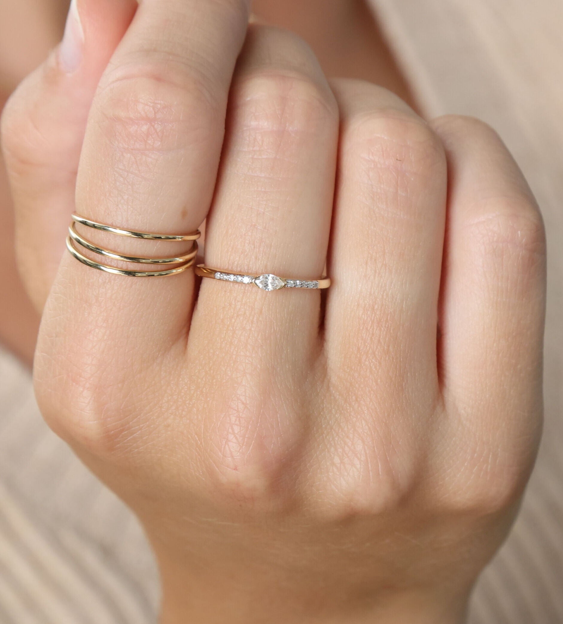 14K Gold Marquise & Round Diamond Band Ring