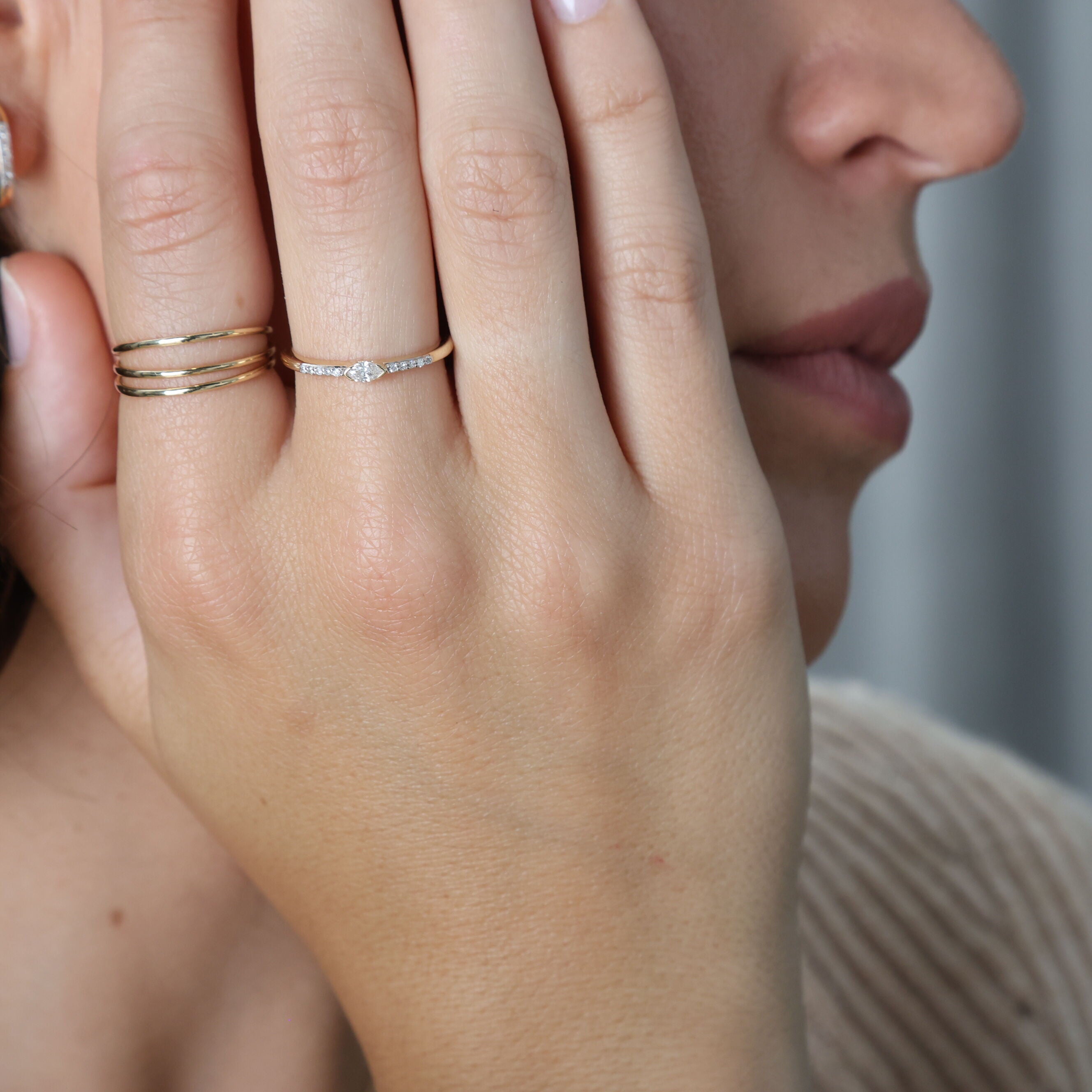 14K Gold Marquise & Round Diamond Band Ring