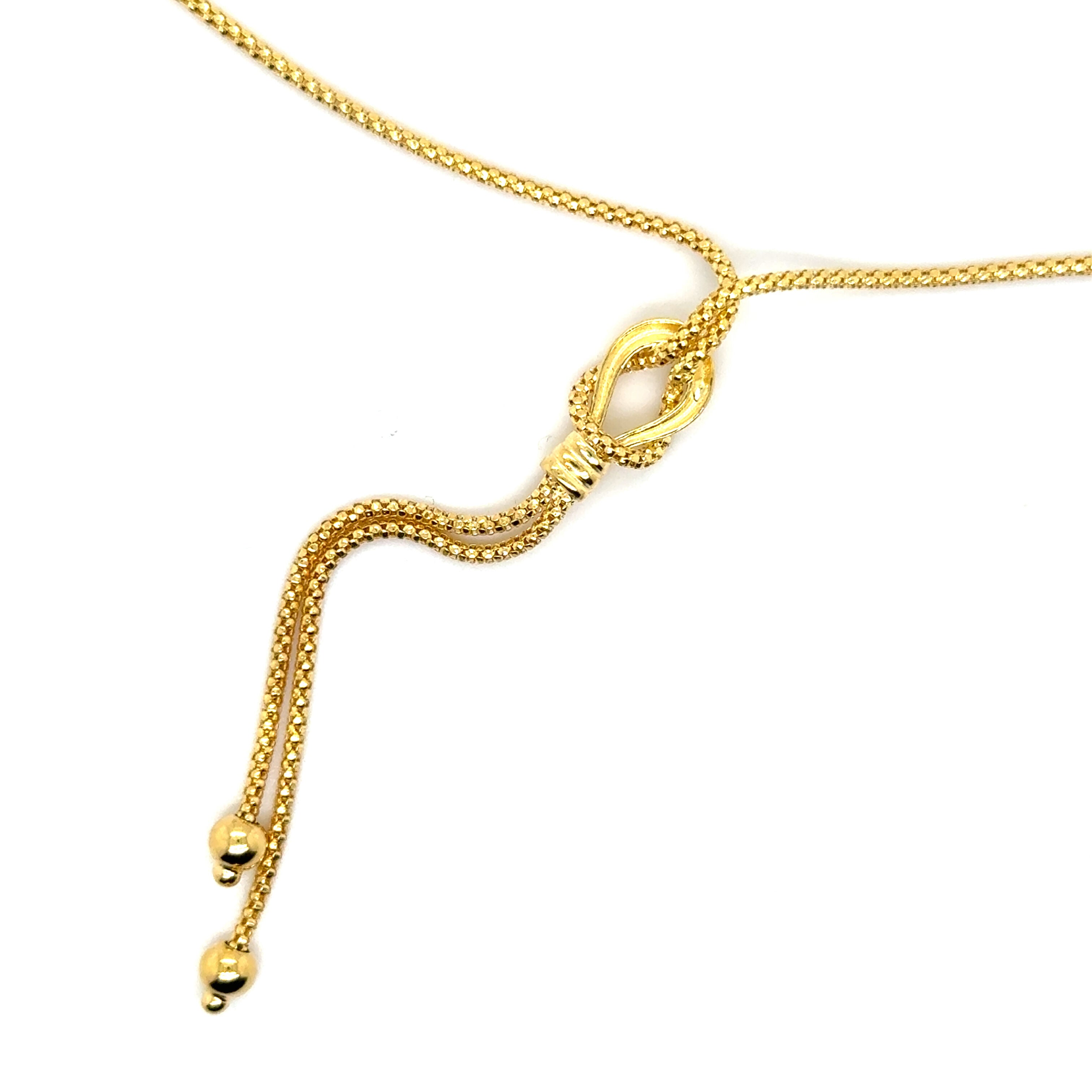 14K Gold Knot Lariat Necklace. Made of real gold, resistant to tarnish and water.
