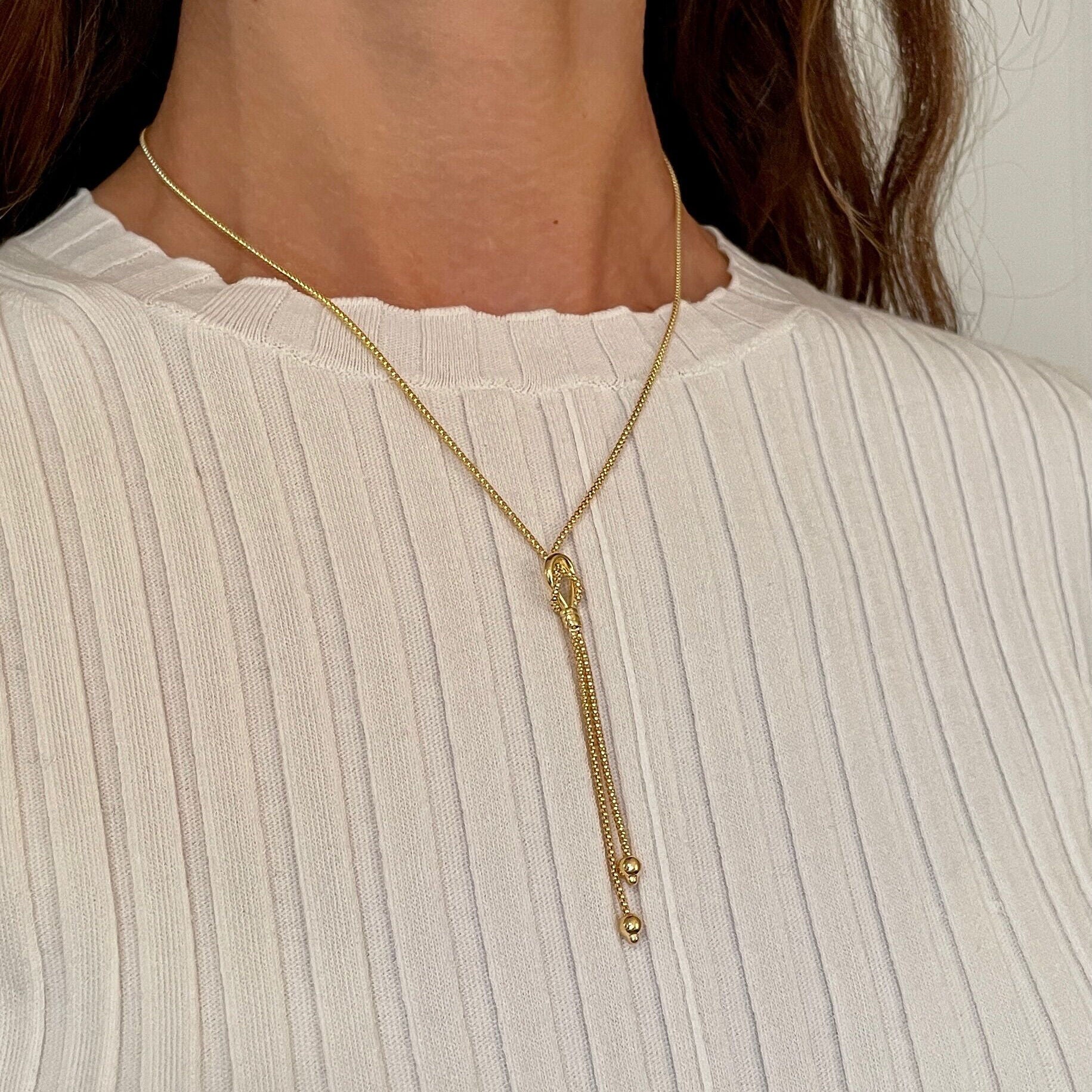 14K Gold Knot Lariat Necklace