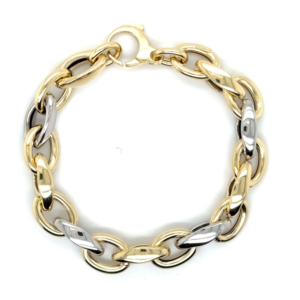 14K Two Tone Gold Chunky Oval Rolo Link Chain Bracelet, 7.75", 9.6mm, Made In Italy