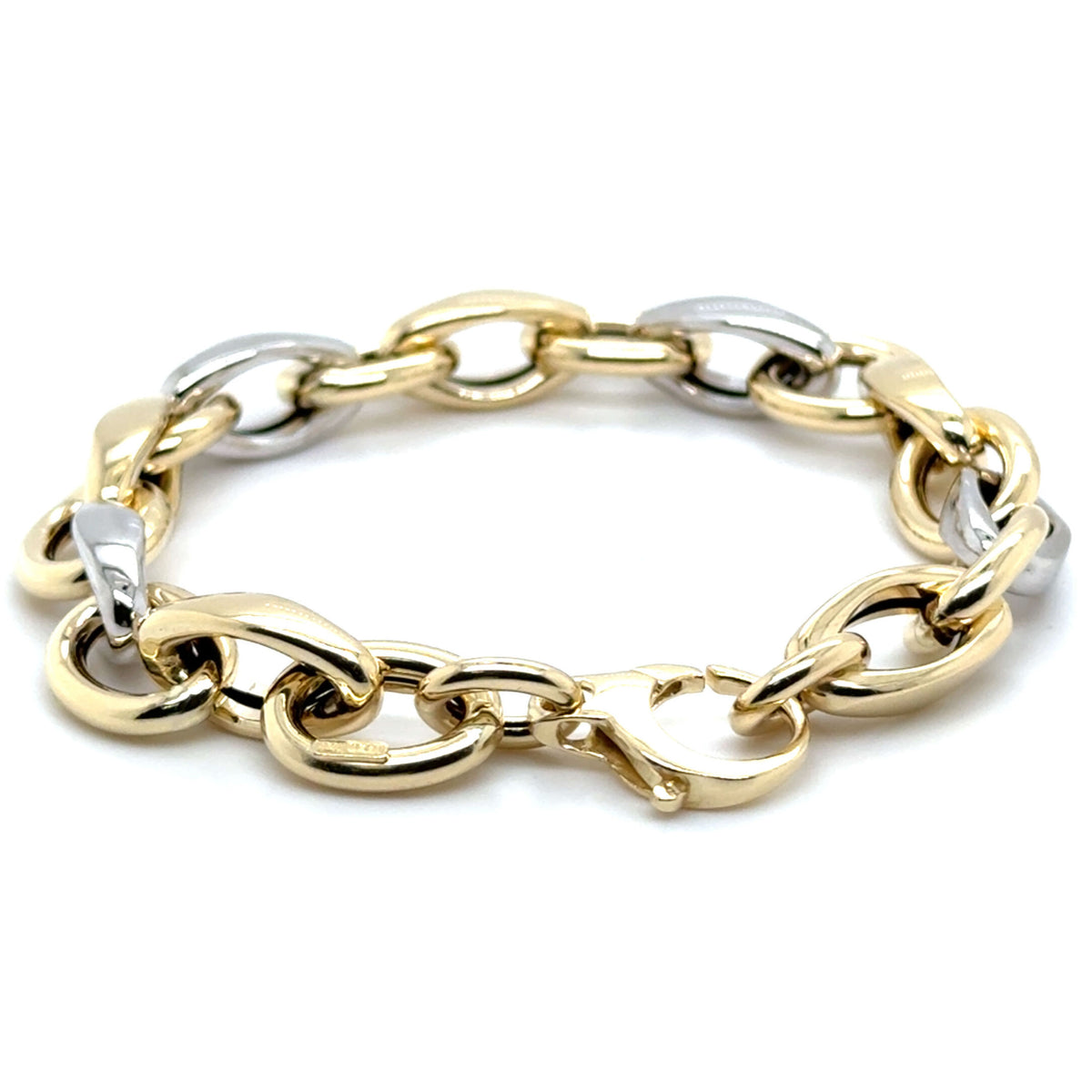14K Two Tone Gold Chunky Oval Rolo Link Chain Bracelet, 7.75", 9.6mm, Made In Italy