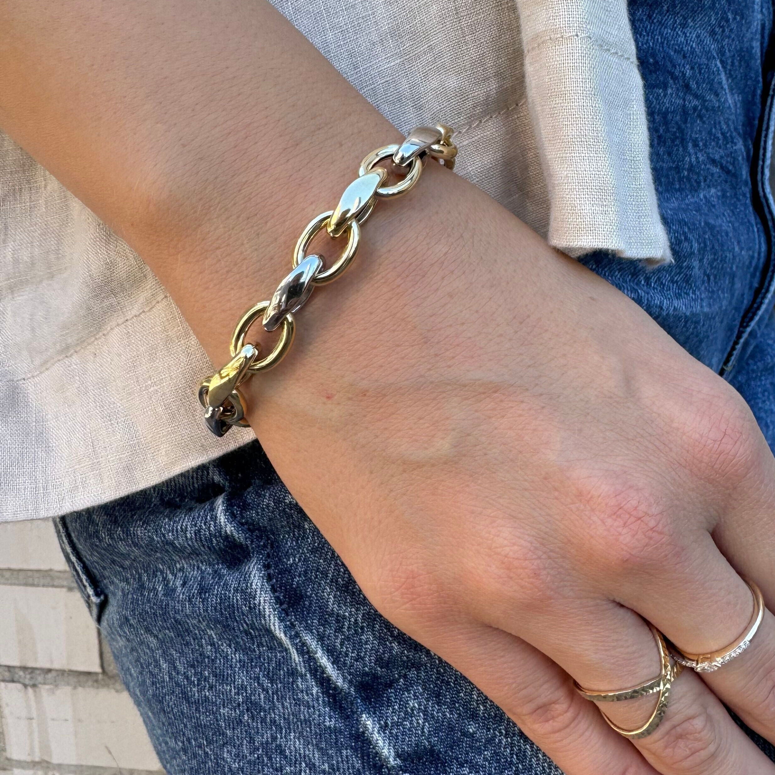 14K Two Tone Gold Chunky Oval Rolo Link Chain Bracelet, 7.75", 9.6mm, Made In Italy