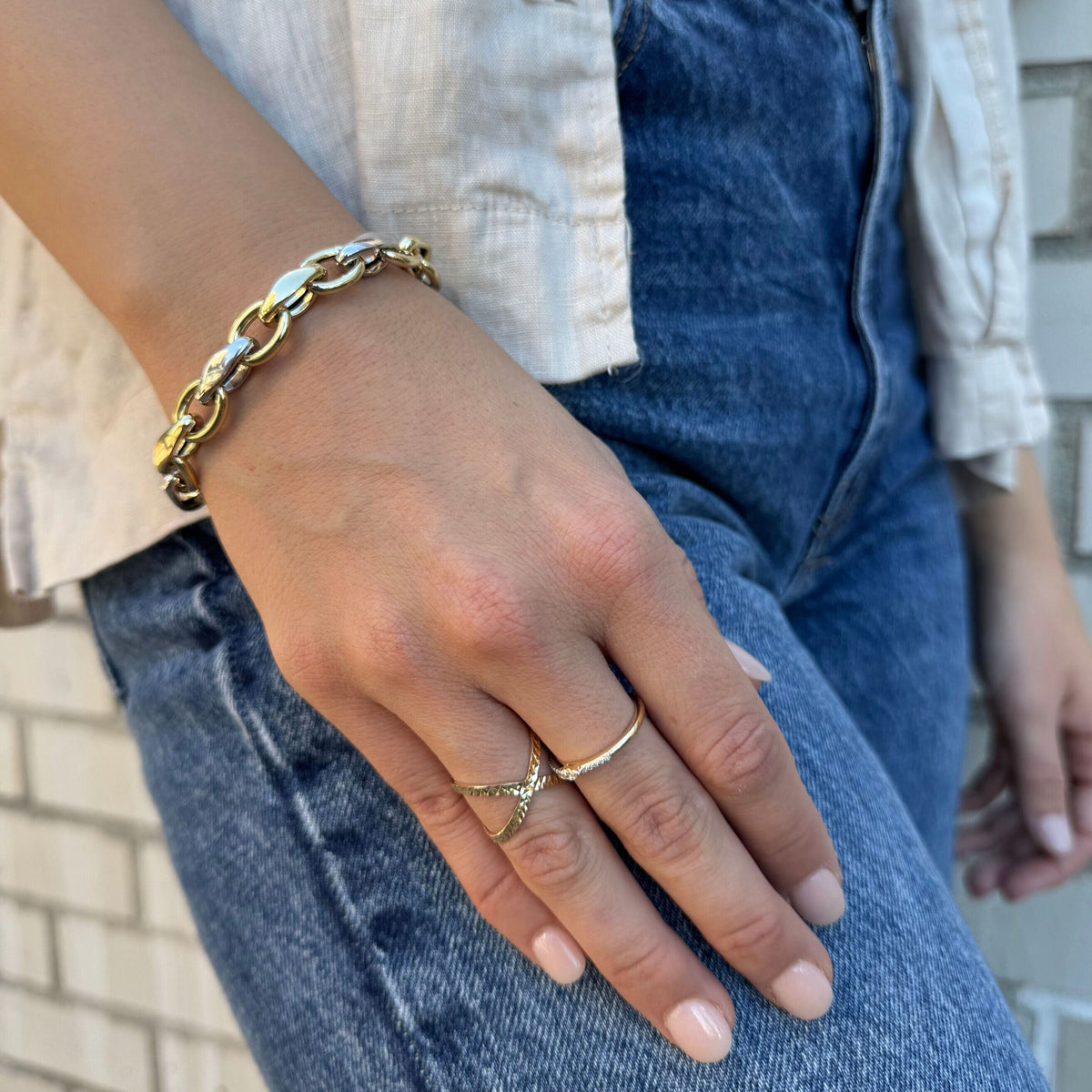 14K Two Tone Gold Chunky Oval Rolo Link Chain Bracelet, 7.75", 9.6mm, Made In Italy