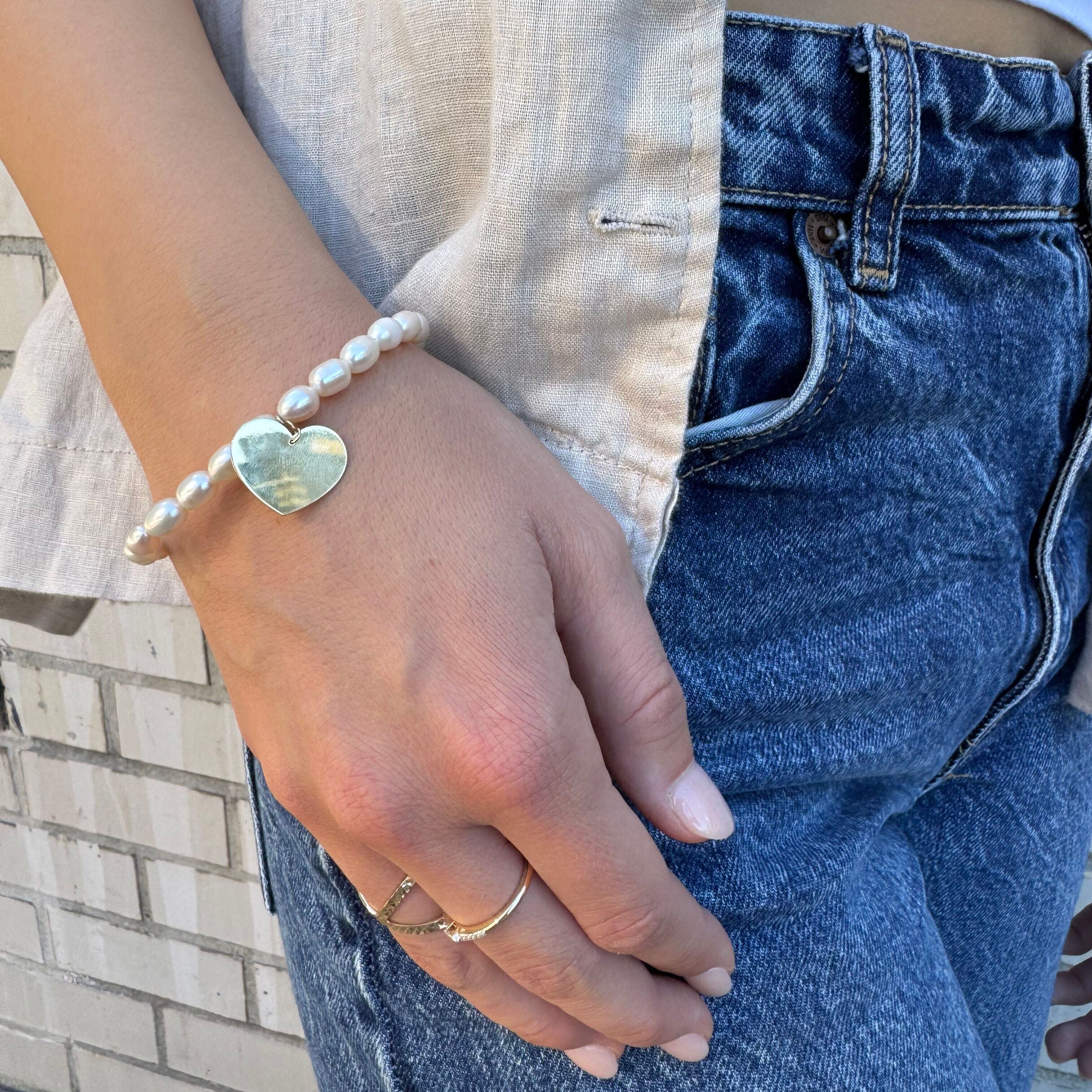 14K Solid Gold Pearl Bracelet Heart Charm – Elegant, Timeless, Personalized