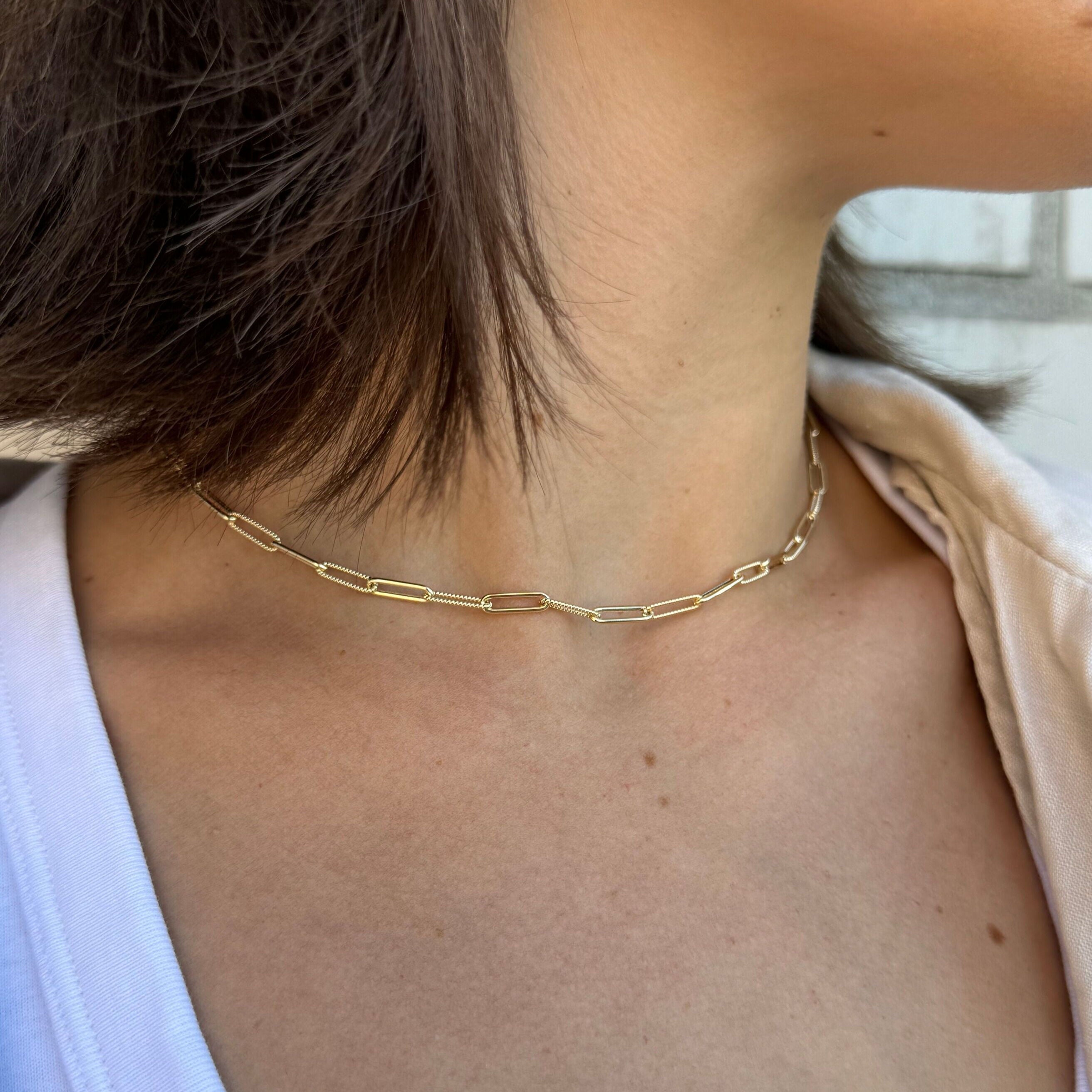 14K Gold Alternating Twist Link Paperclip Necklace