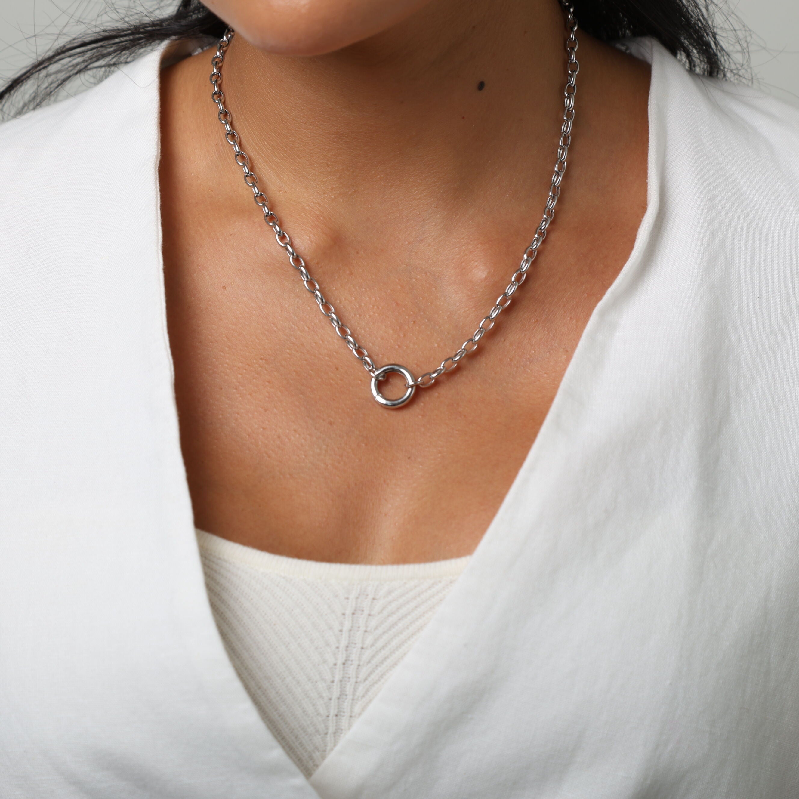 14K White Gold Charm Holder Oval Rolo Necklace