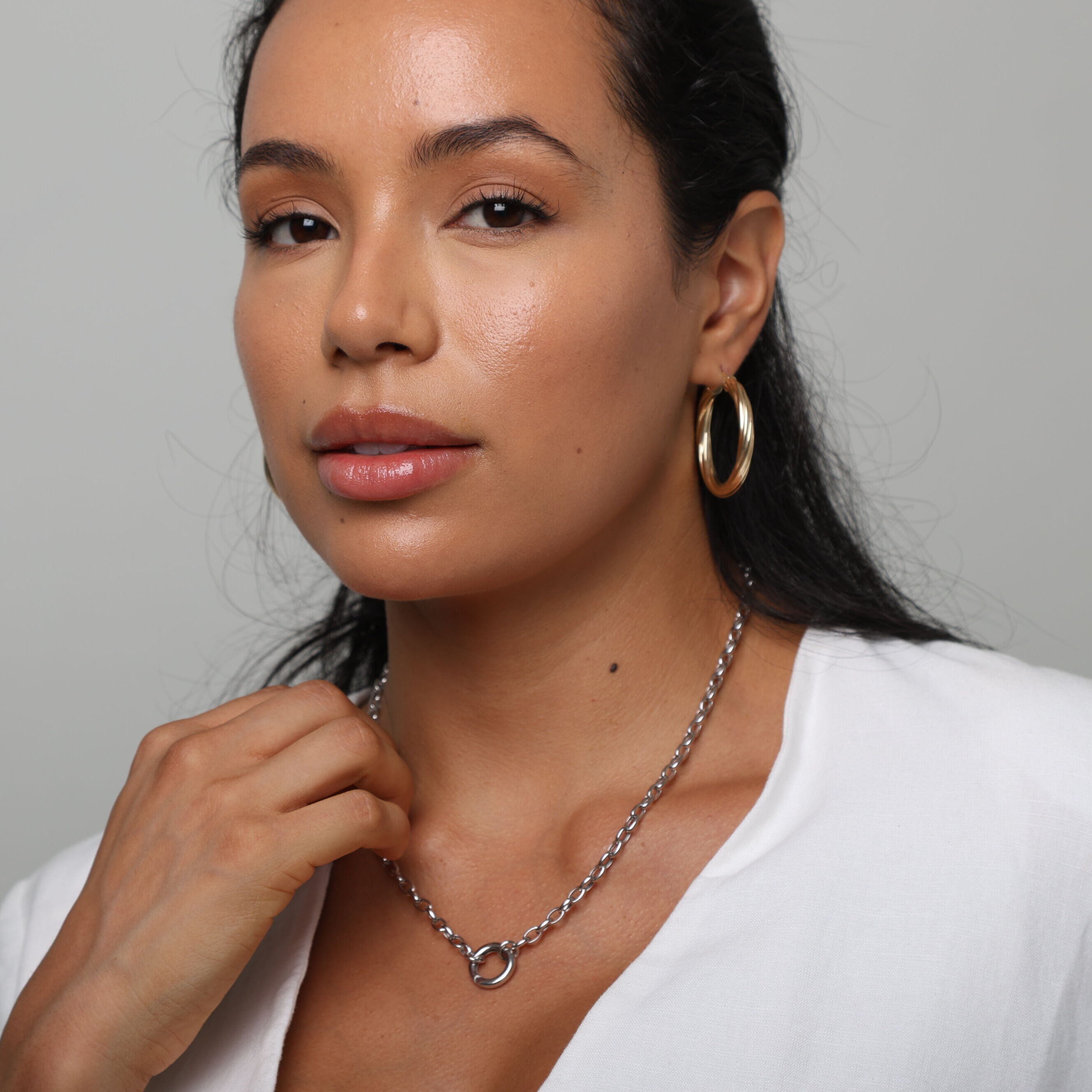 14K White Gold Charm Holder Oval Rolo Necklace