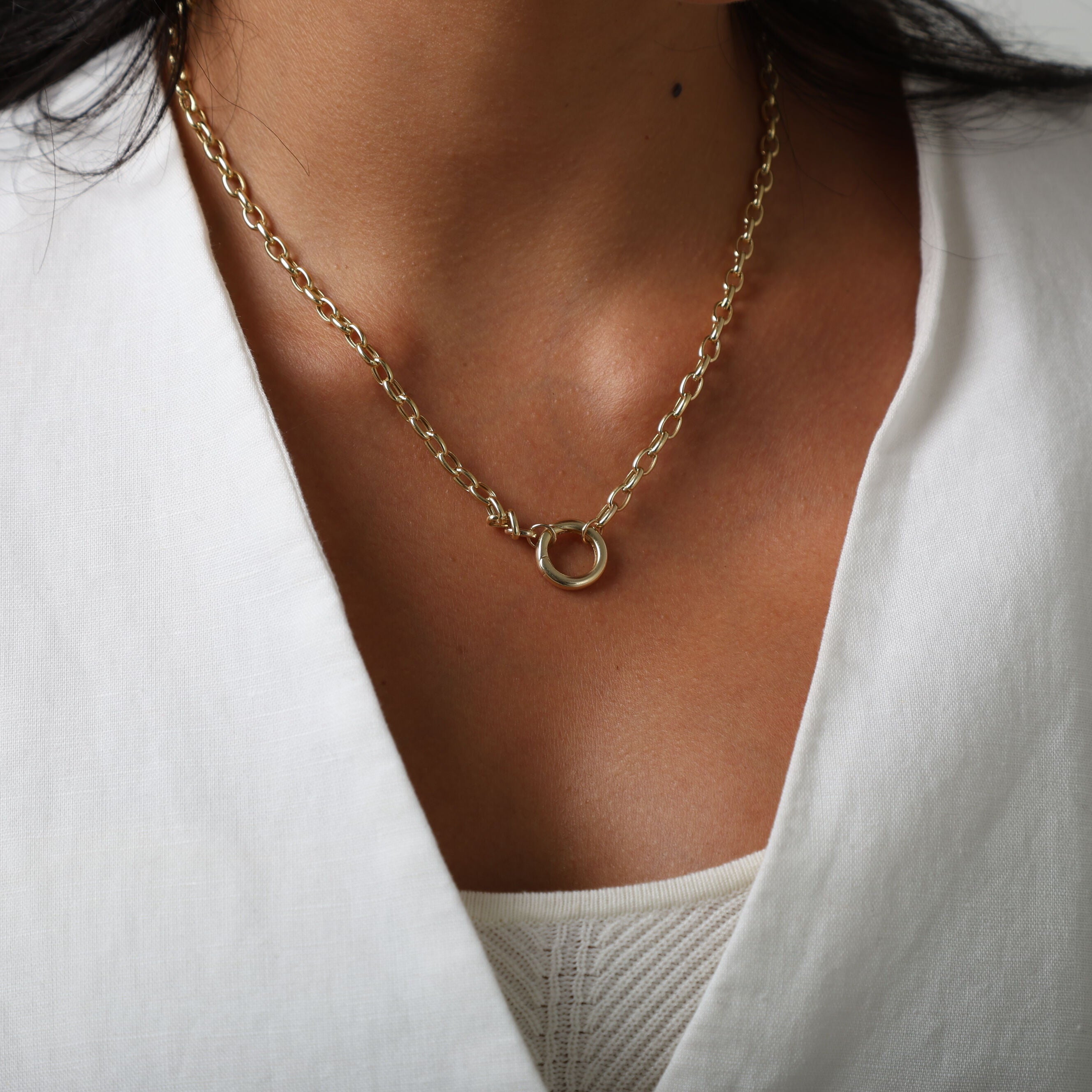 14K White Gold Charm Holder Oval Rolo Necklace