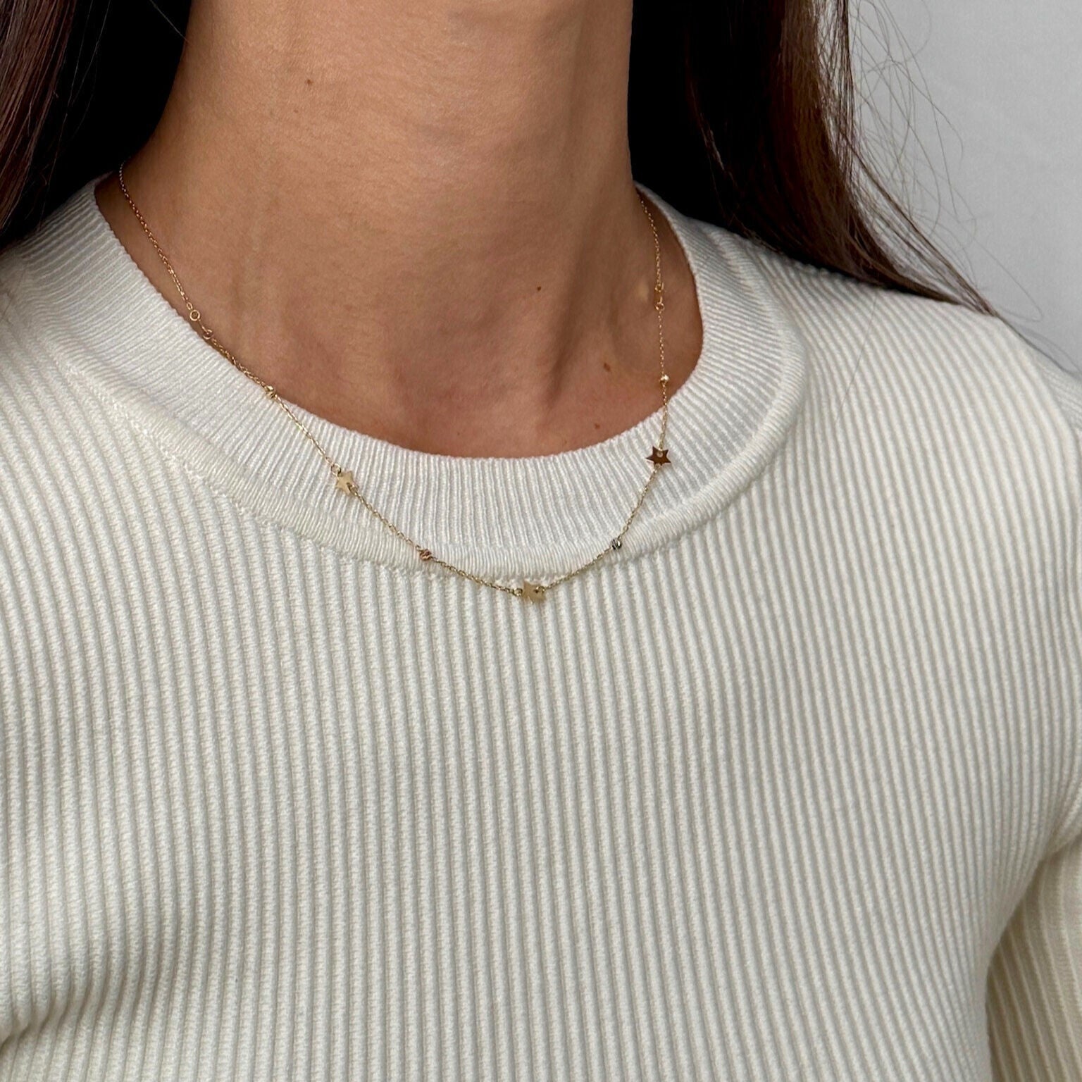 14K Gold Dainty Dangle Star Station Necklace: 16.75" Adjustable, Made In Italy