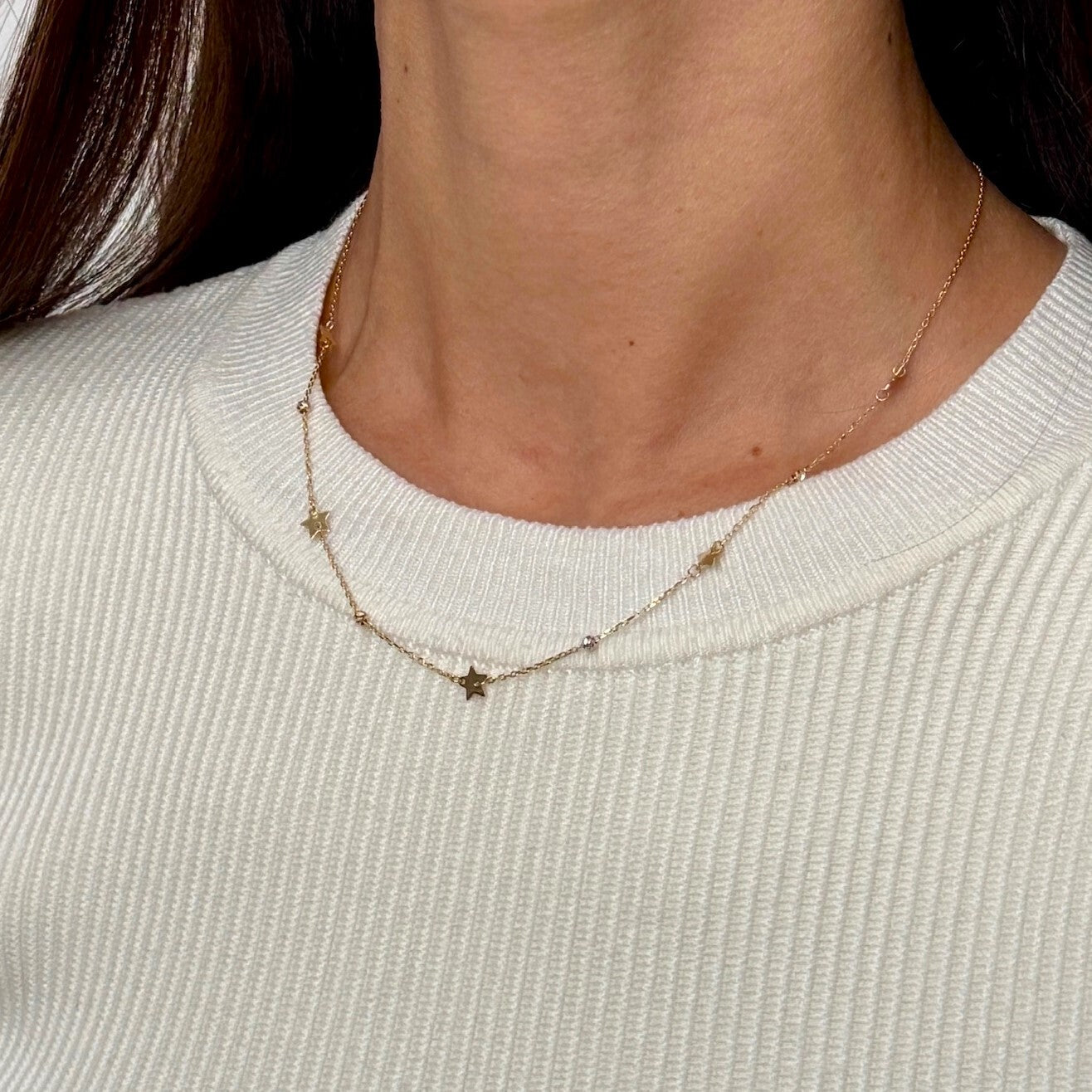 14K Gold Dainty Dangle Star Station Necklace: 16.75" Adjustable, Made In Italy