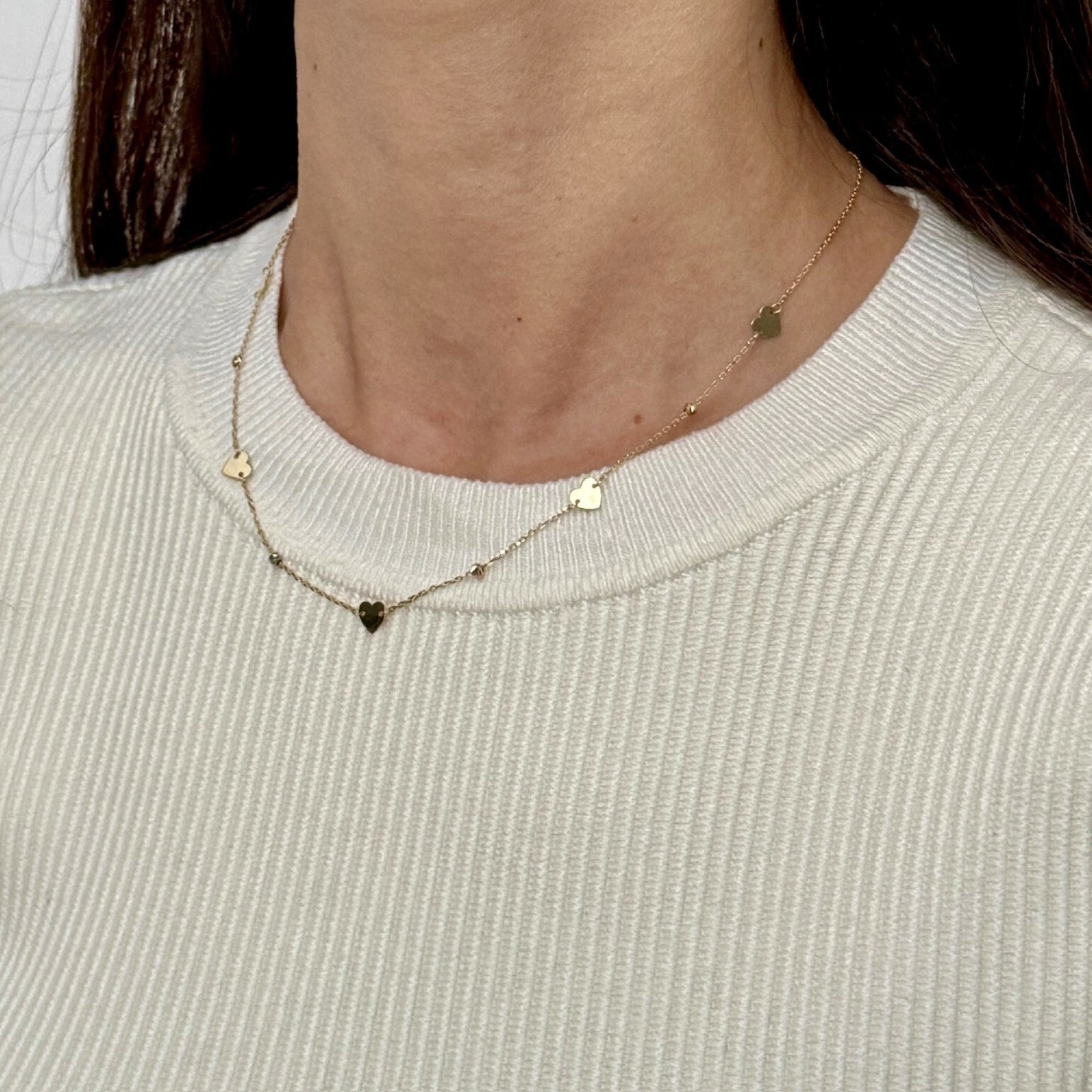 14K Gold Dainty Heart Station Necklace: 16.75" Adjustable, Made In Italy