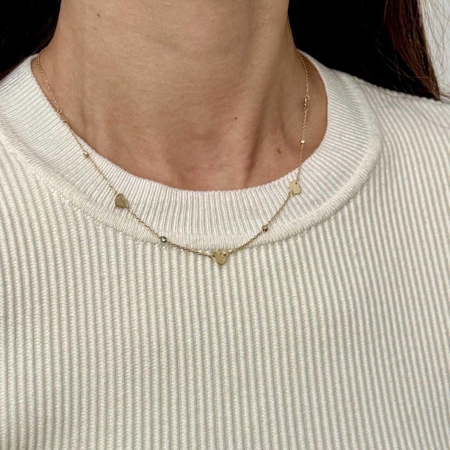 14K Gold Heart Station Necklace
