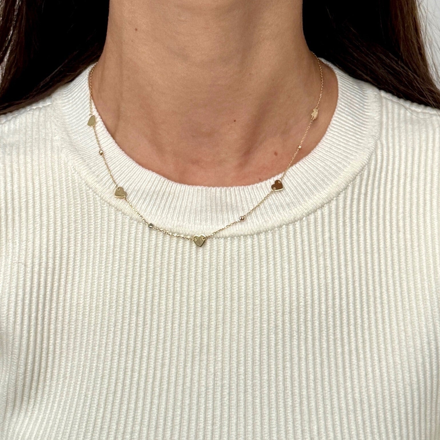 14K Gold Heart Station Necklace