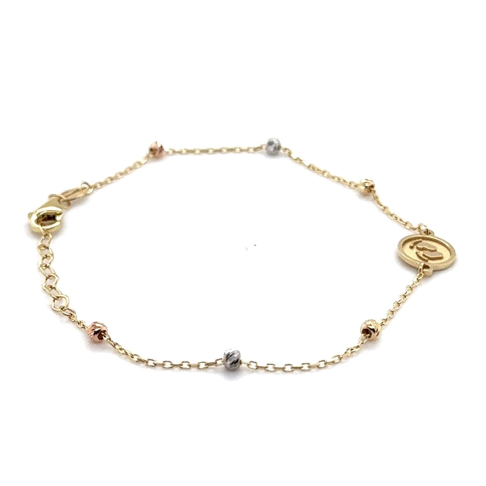 14K Tricolor Gold Baby Feet Charm Bracelet: 7 Inch Adjustable, Made In Italy