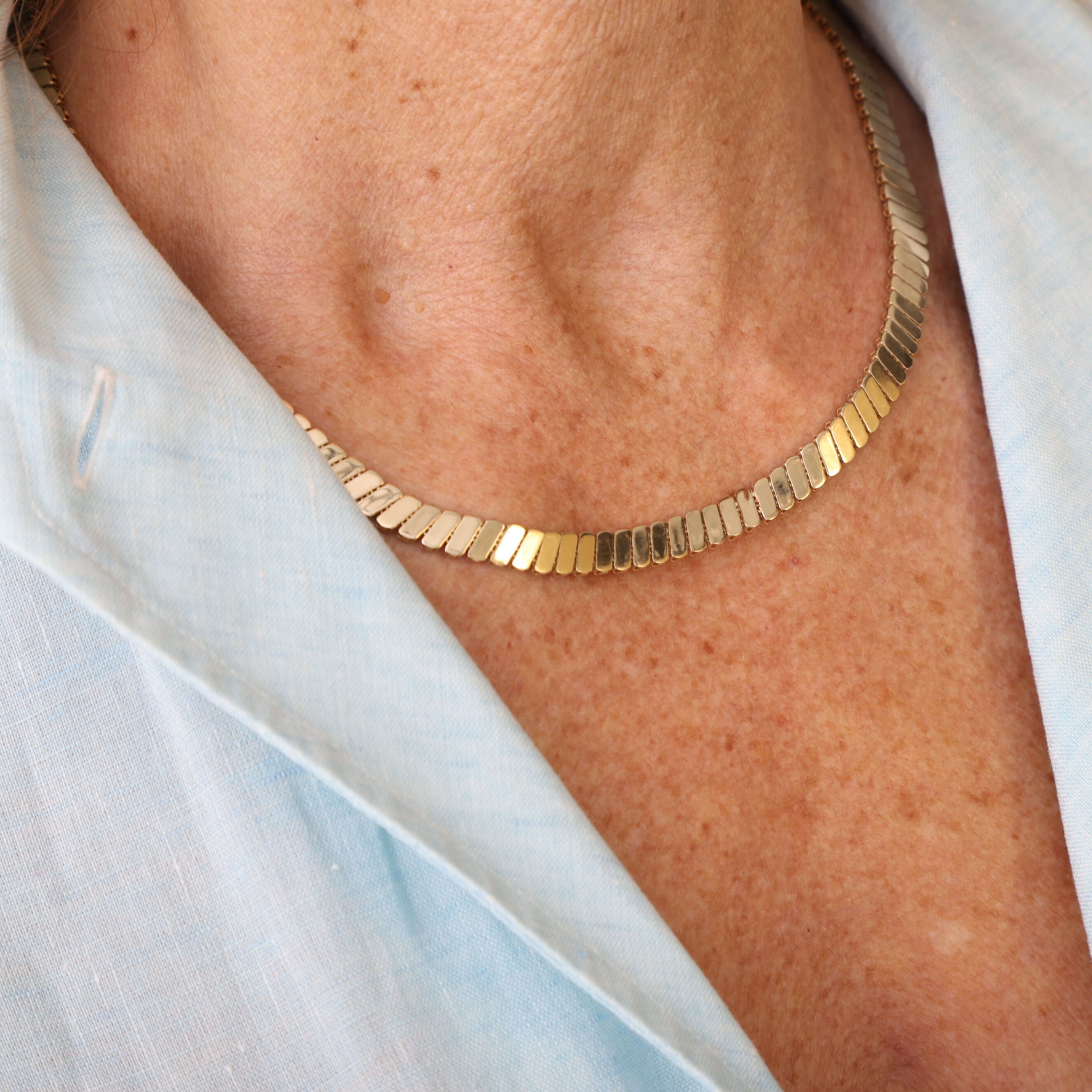 14K Gold Ribbed Link Necklace
